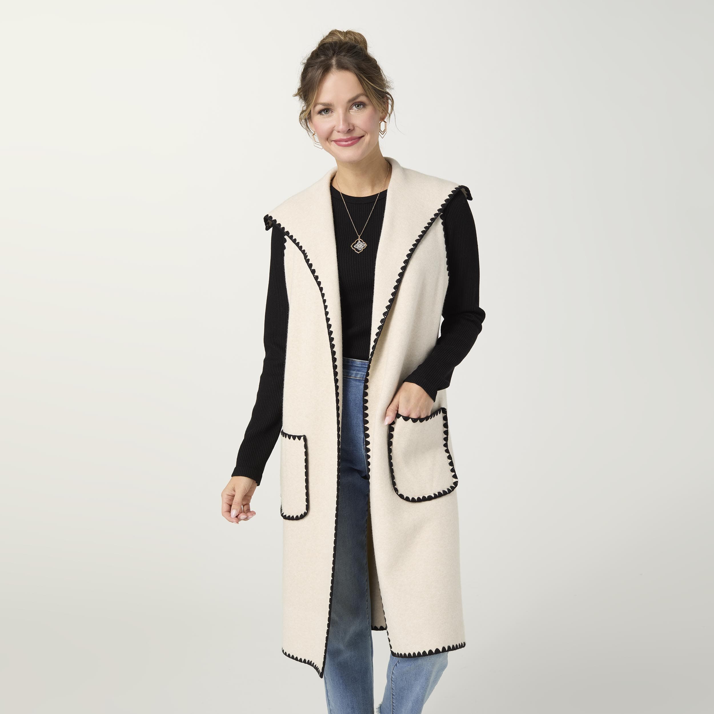 CoCo Carmen Heavenly-Luxe Oatmeal Long Vest with Contrast Trim