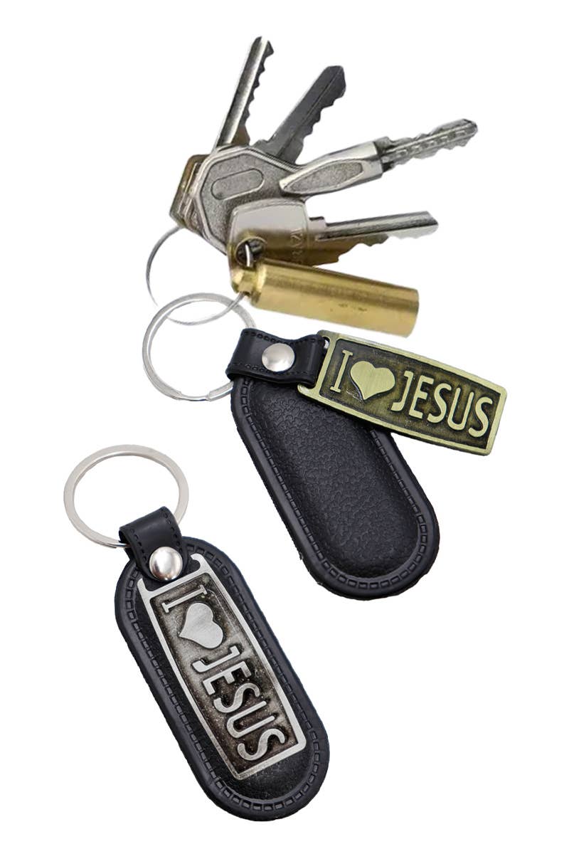 MJJ #8 (Melissa) Keychain I Love Jesus Metal Plaque Leather Key Chain
