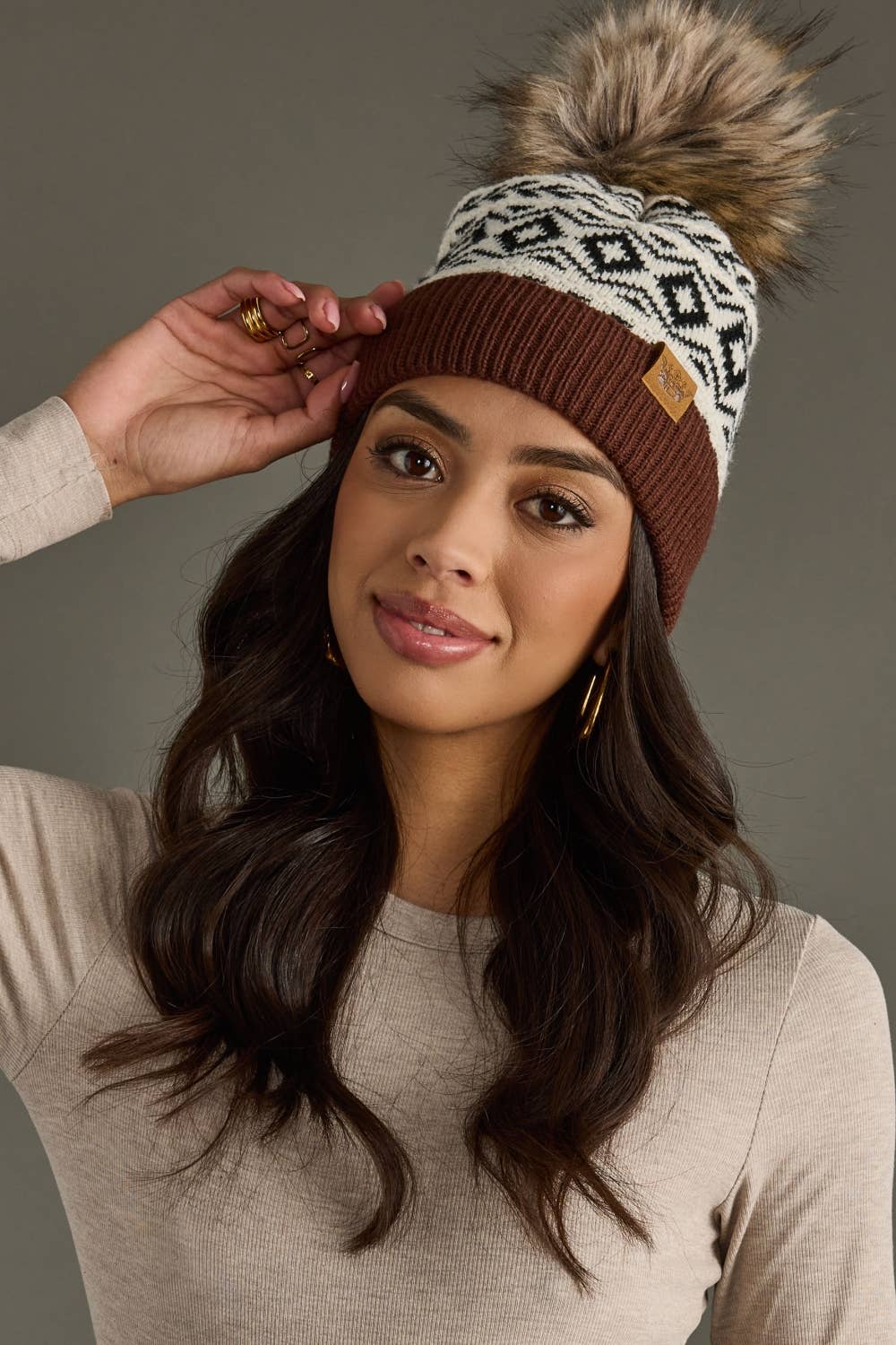Ivory, Black & Brown Pattern Pom Hat