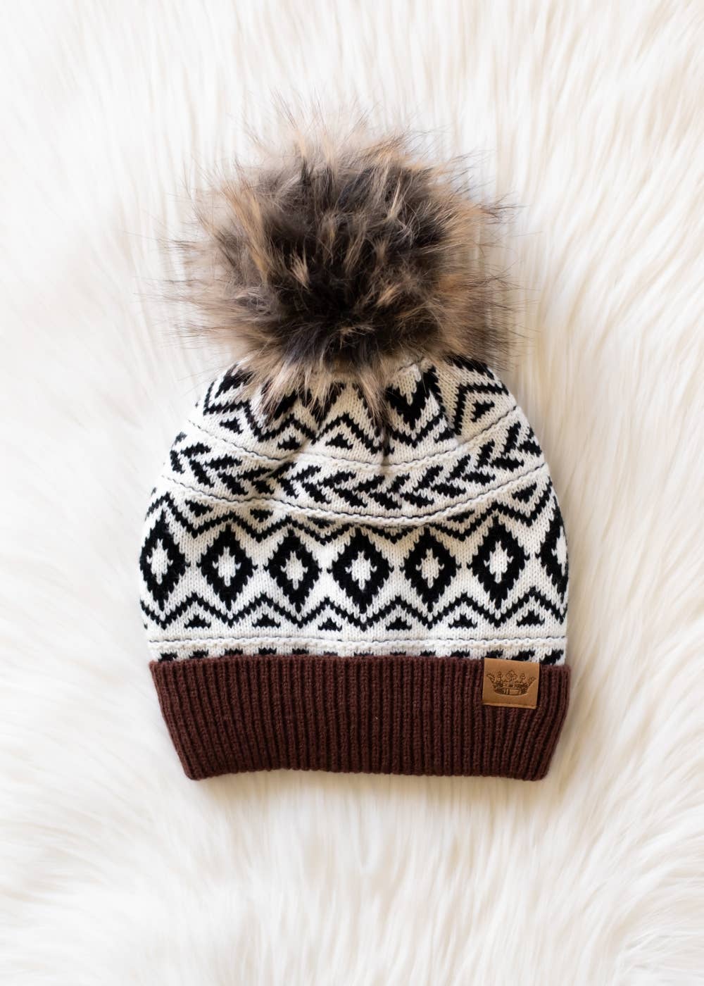 Panache Apparel Co. Ivory, Black & Brown Pattern Pom Hat