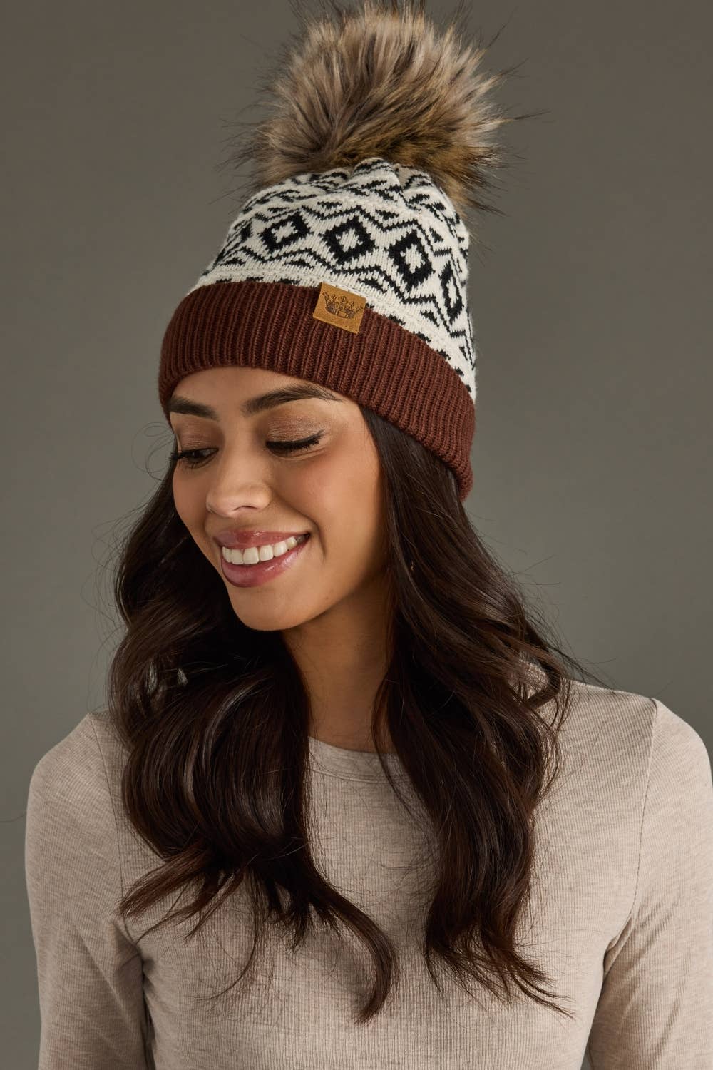 Panache Apparel Co. Ivory, Black & Brown Pattern Pom Hat