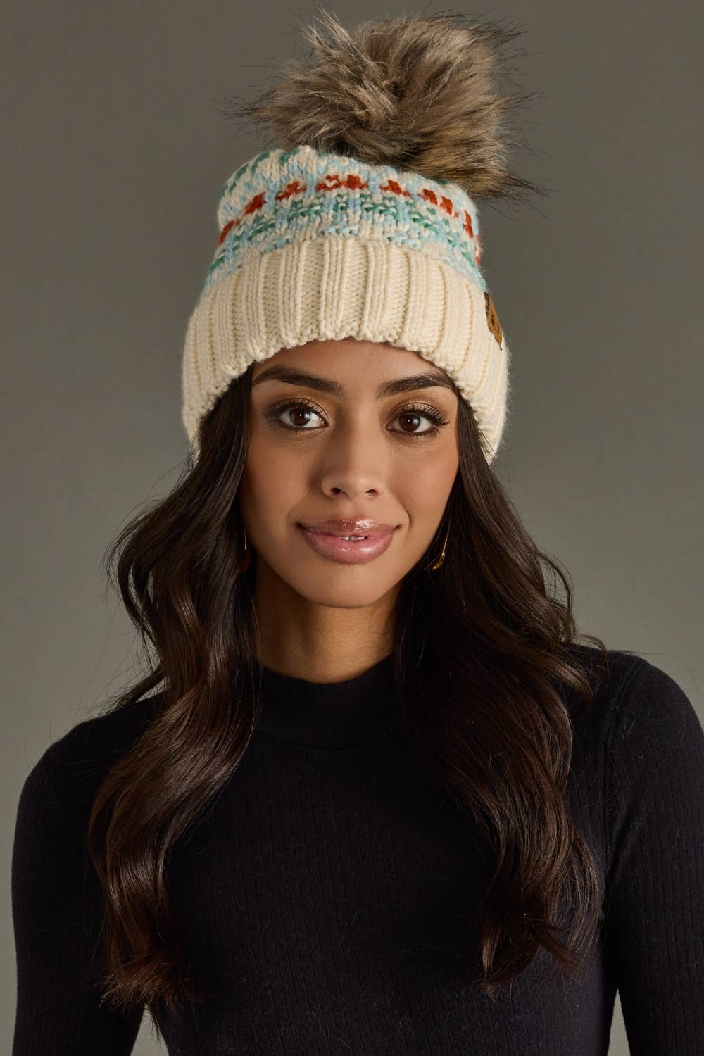 Ivory, Light Blue, Mint & Orange Patterned Pom Hat
