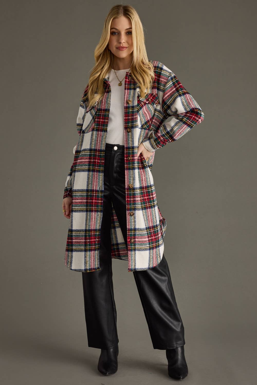 Ivory & Multicolored Plaid Long Shacket