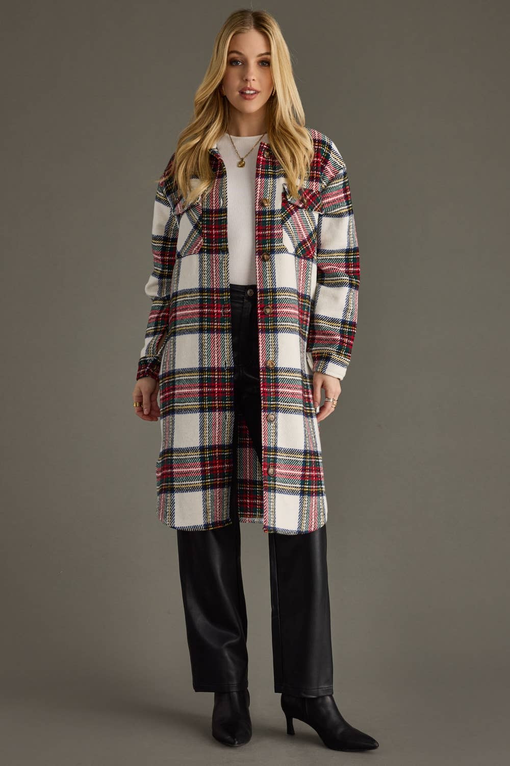 Panache Apparel Co. Shacket Ivory & Multicolored Plaid Long Shacket