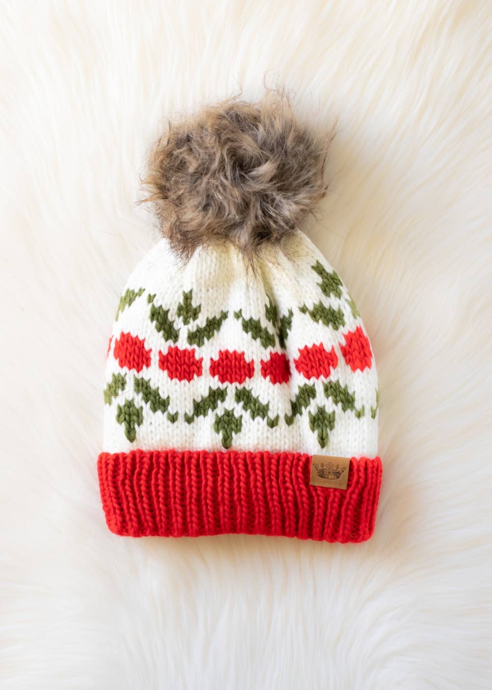 Panache Apparel Co. Beanie Ivory & Red Holly Patterned Pom Hat
