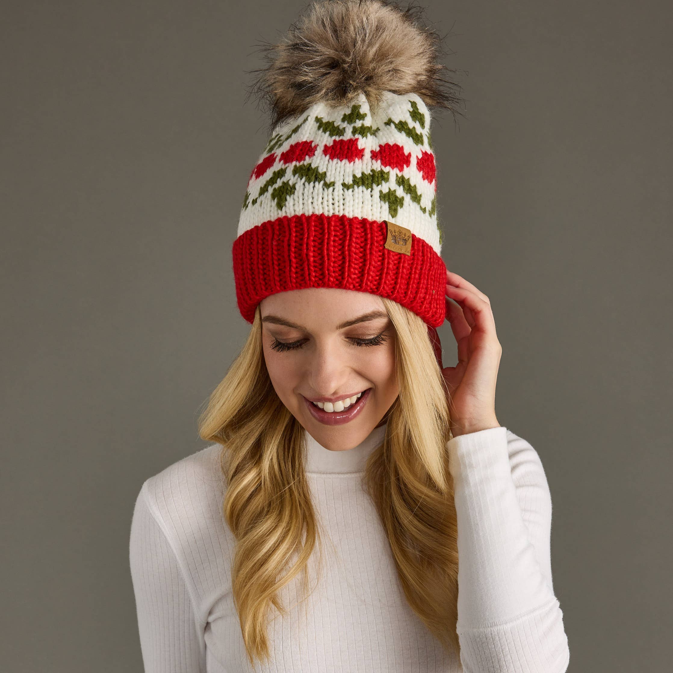 Panache Apparel Co. Beanie Ivory & Red Holly Patterned Pom Hat