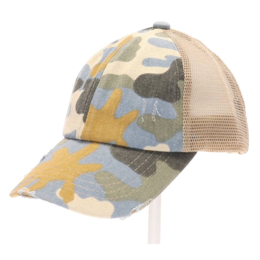 Kids Distressed Camouflage Criss-Cross High Ponytail Baseball Hat