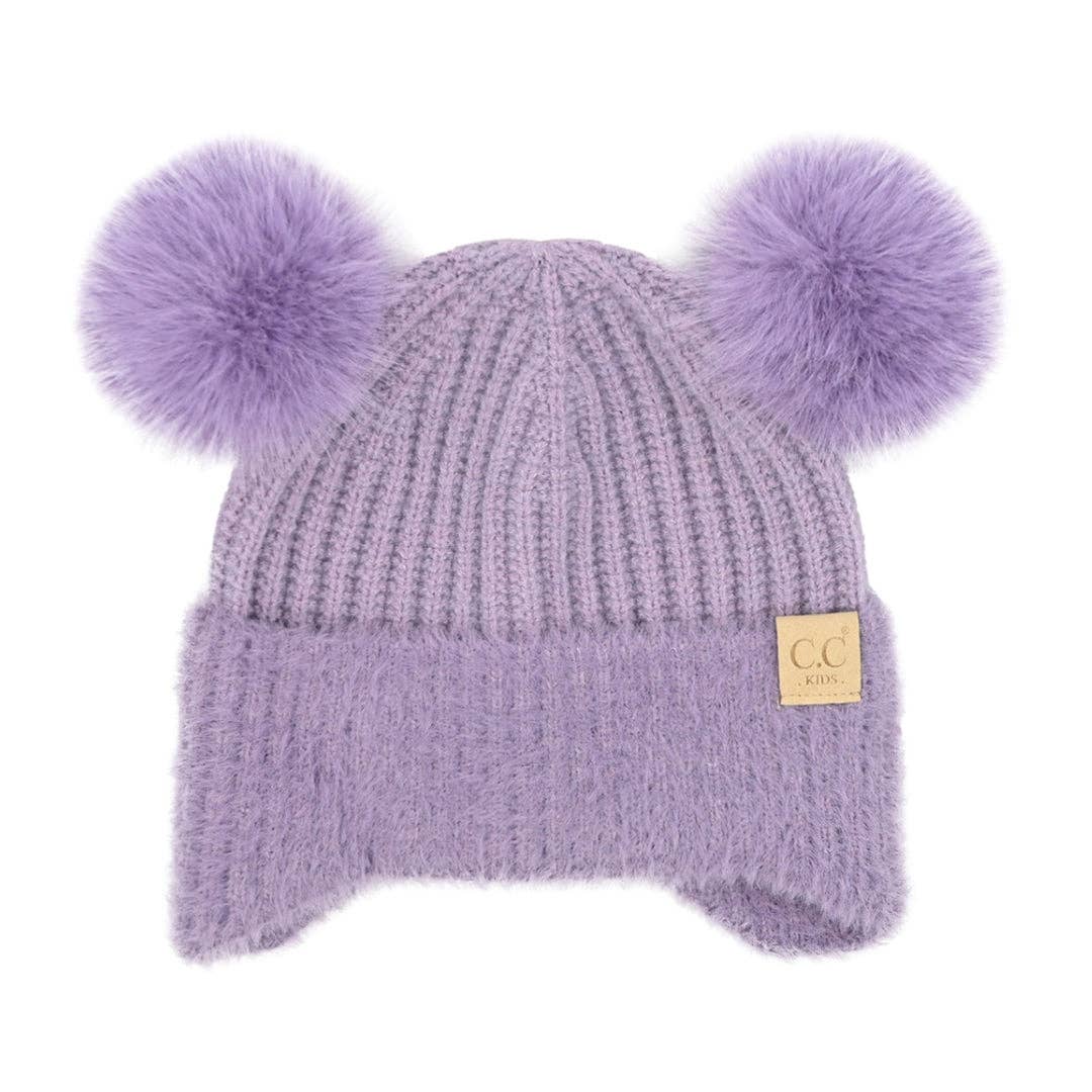 Kids Faux Fur Earflap Double Pom C.C Beanie