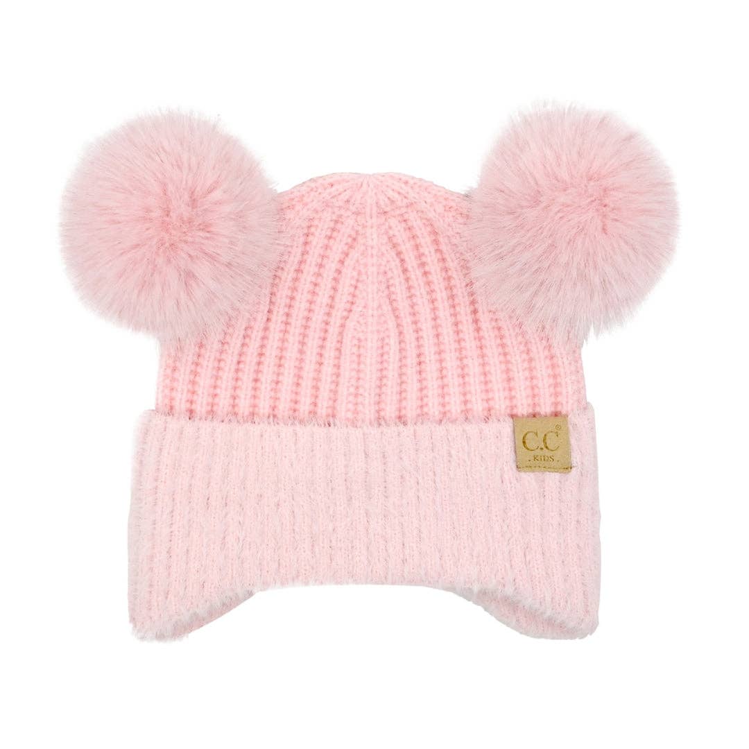 Kids Faux Fur Earflap Double Pom C.C Beanie