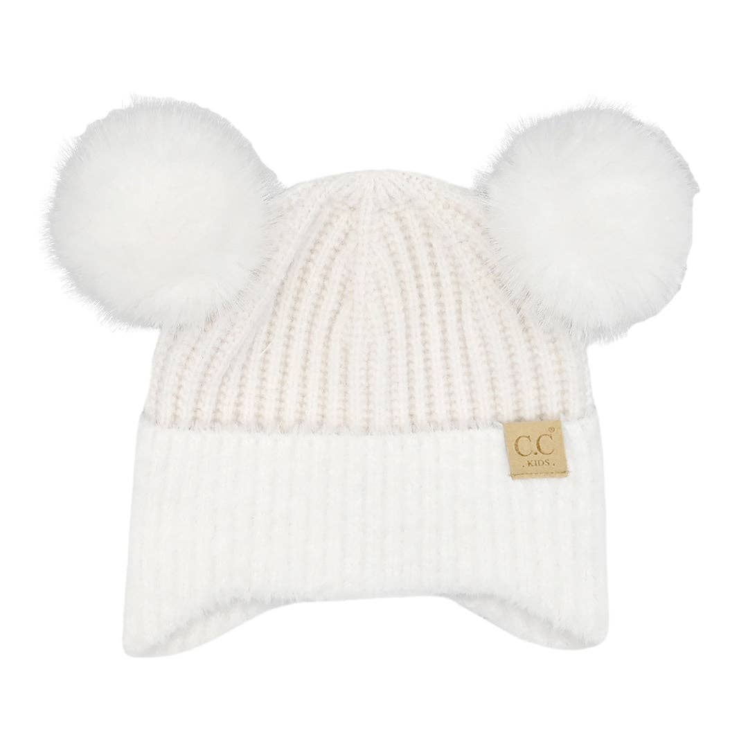Kids Faux Fur Earflap Double Pom C.C Beanie
