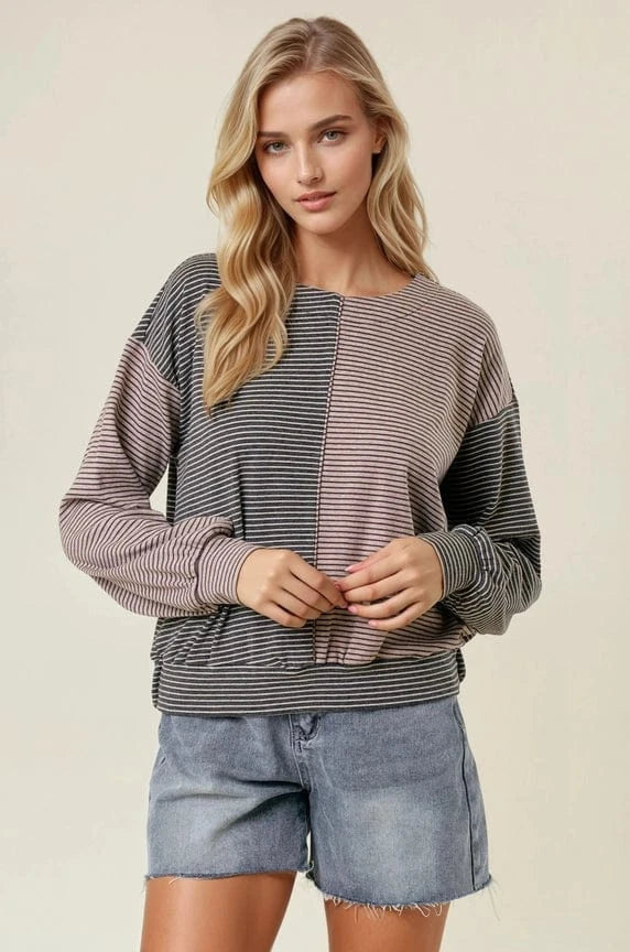 Long Sleeve Drawstring Back Stripe Mixed Top