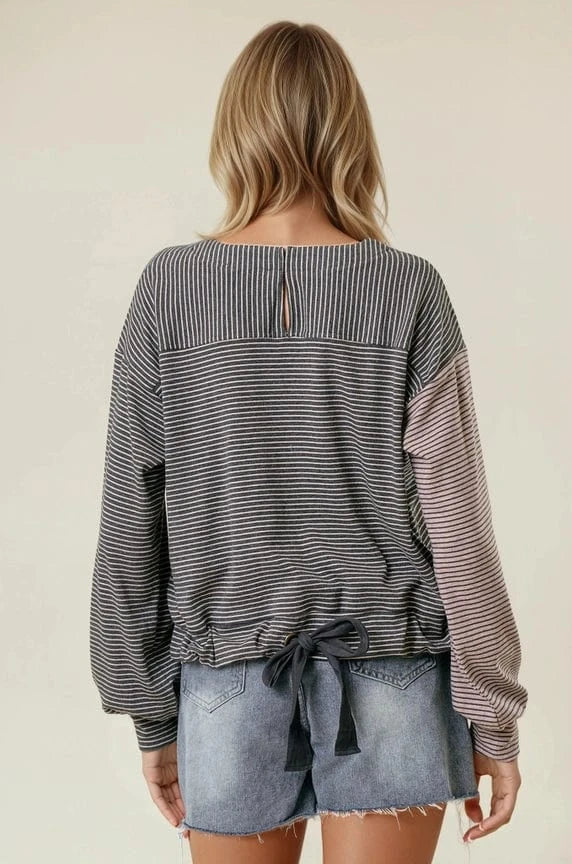 Doe & Rae Top Long Sleeve Drawstring Back Stripe Mixed Top