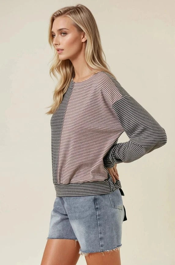 Long Sleeve Drawstring Back Stripe Mixed Top