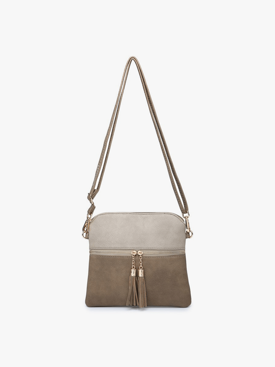 Jen & Co. M1785 Tara Double Zip Crossbody Bag/Wristlet: Khaki/ Light Khaki