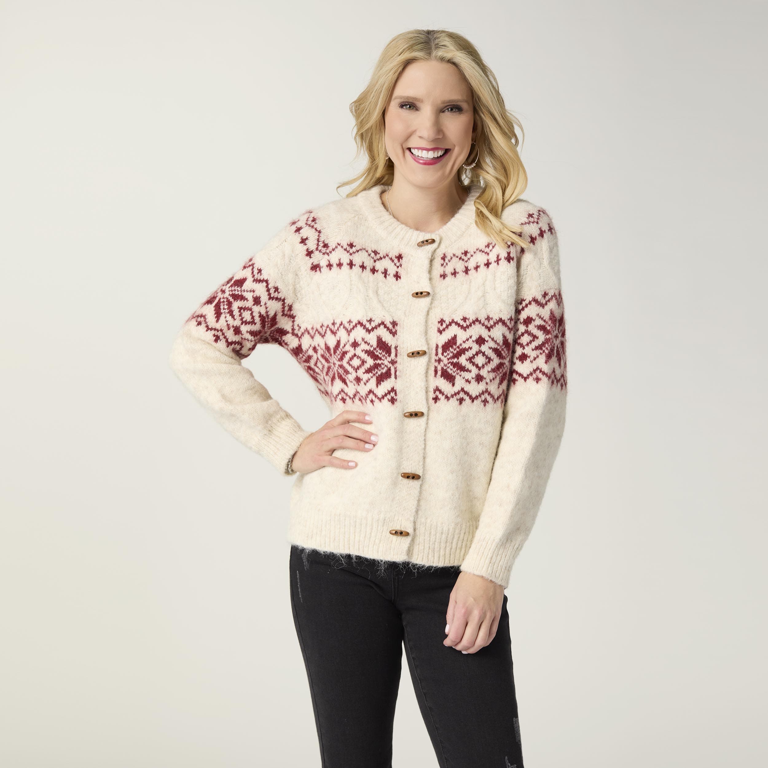 CoCo Carmen Sweater Maalin Winter White Fair Isle Cardigan with Toggle Buttons