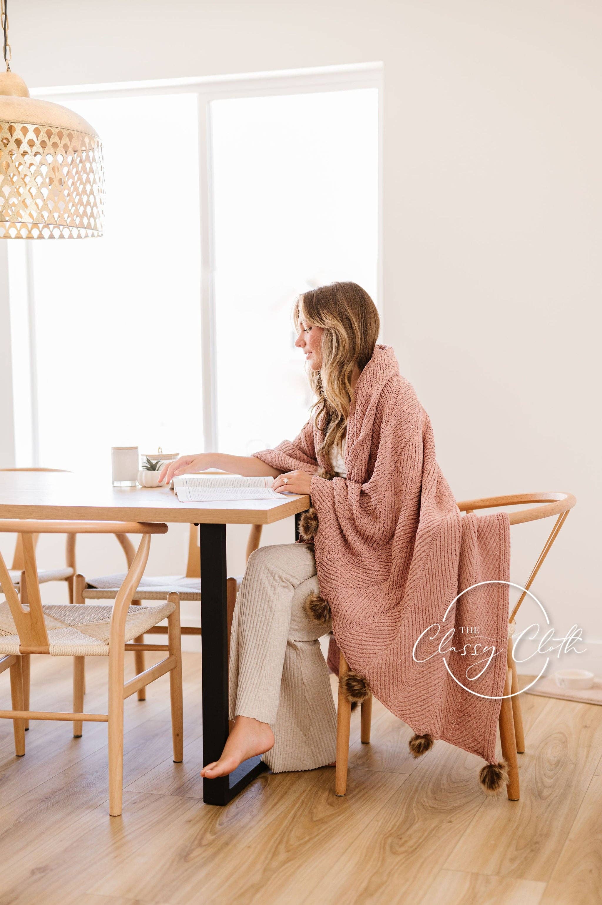 Mauve Chenille Pom Blanket