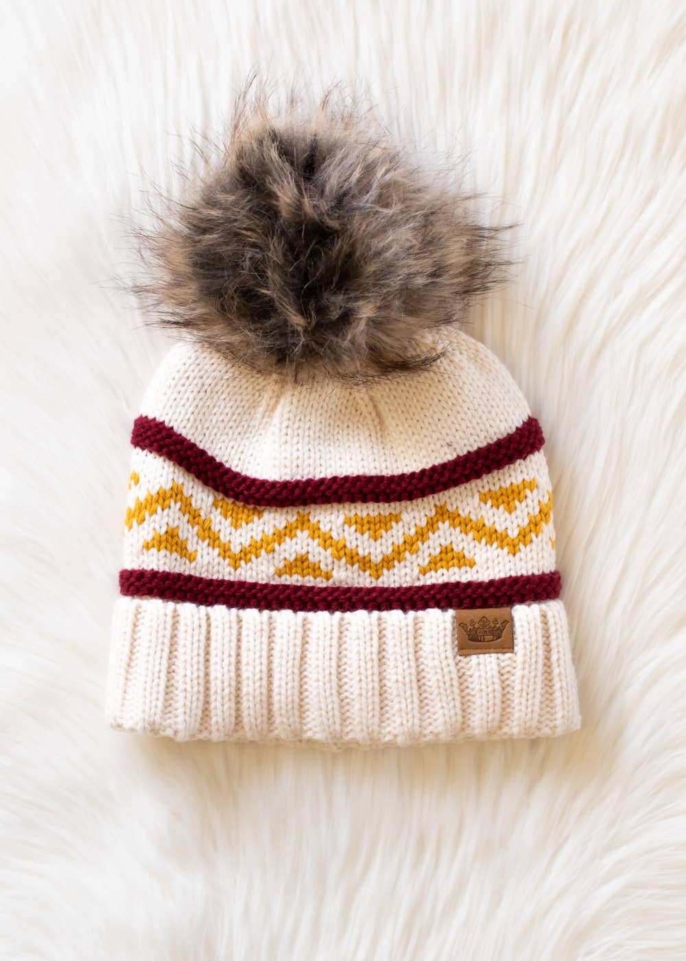Minnesota Cream, Burgundy & Gold Patterned Pom Hat