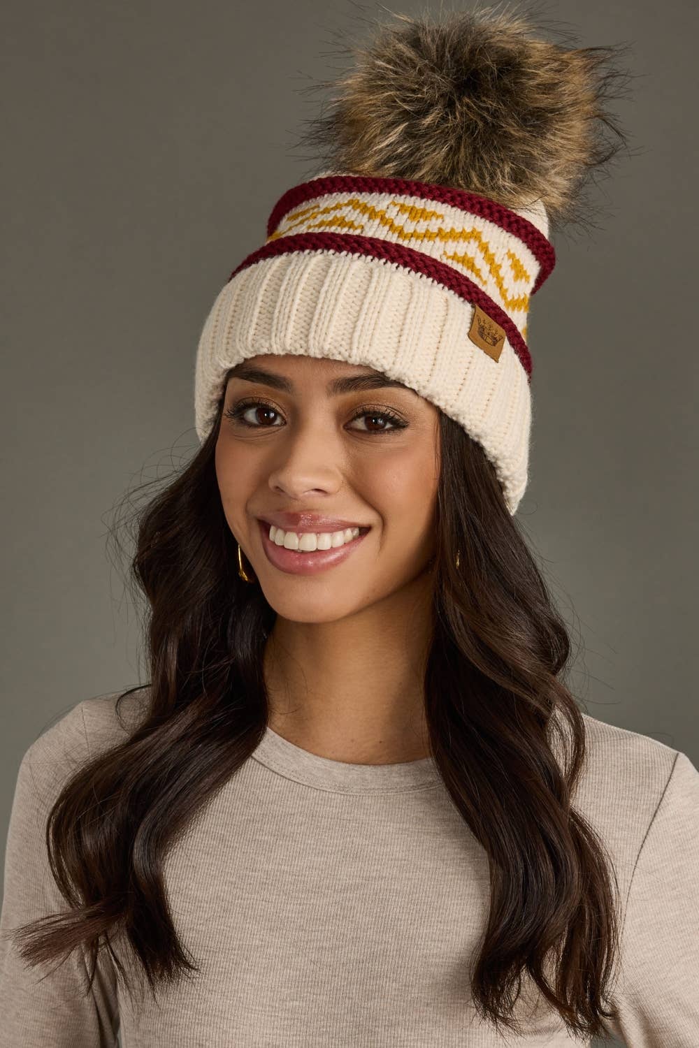 Minnesota Cream, Burgundy & Gold Patterned Pom Hat