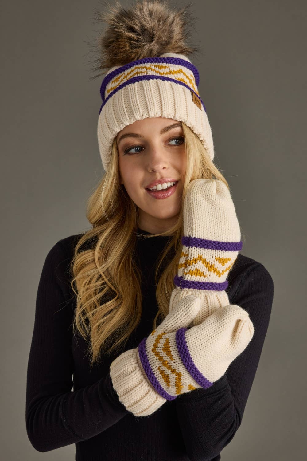 Minnesota Cream, Purple & Gold Patterned Mittens