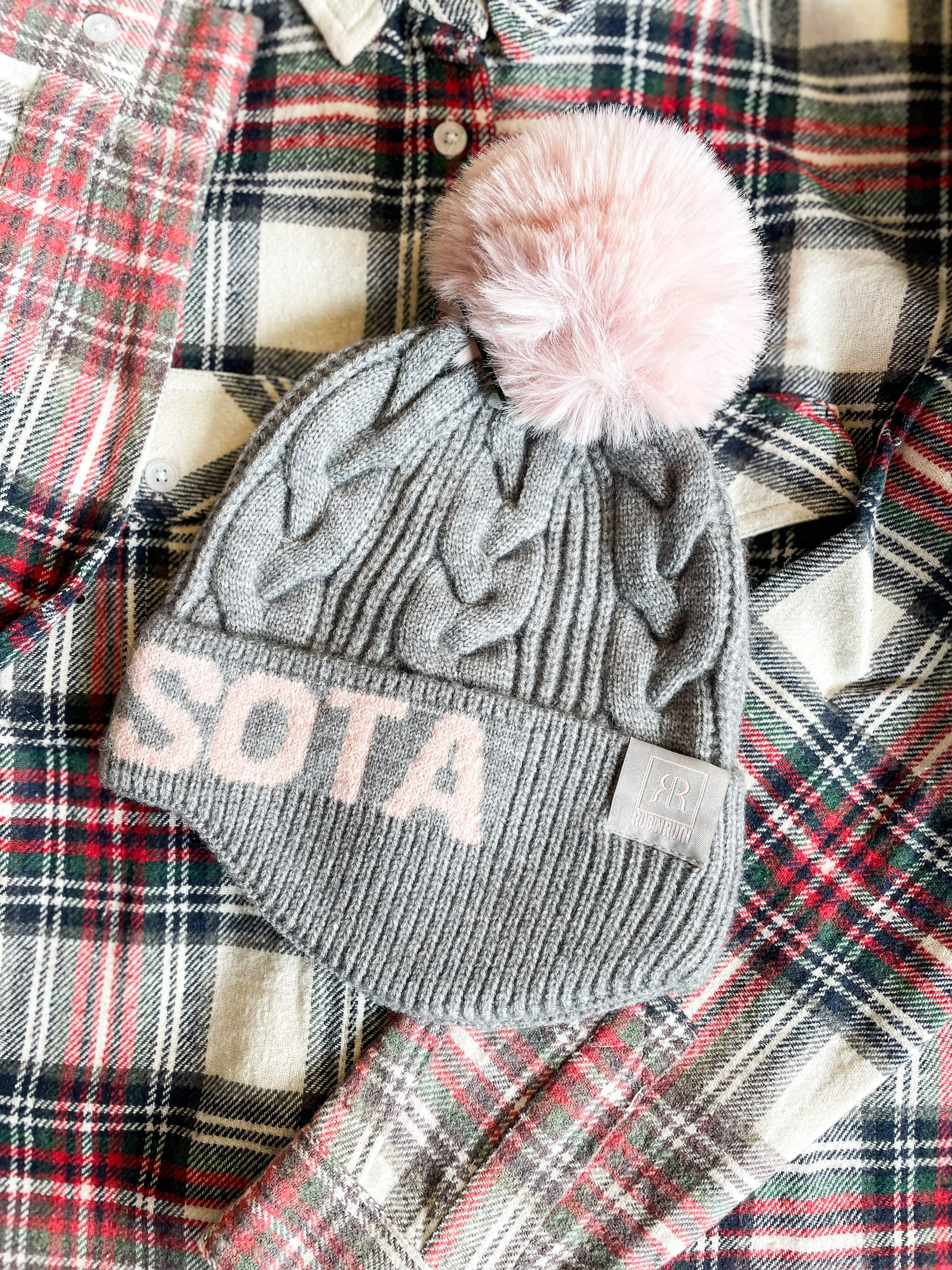 Minnesota Gray Cable Knit POM Trapper Hat