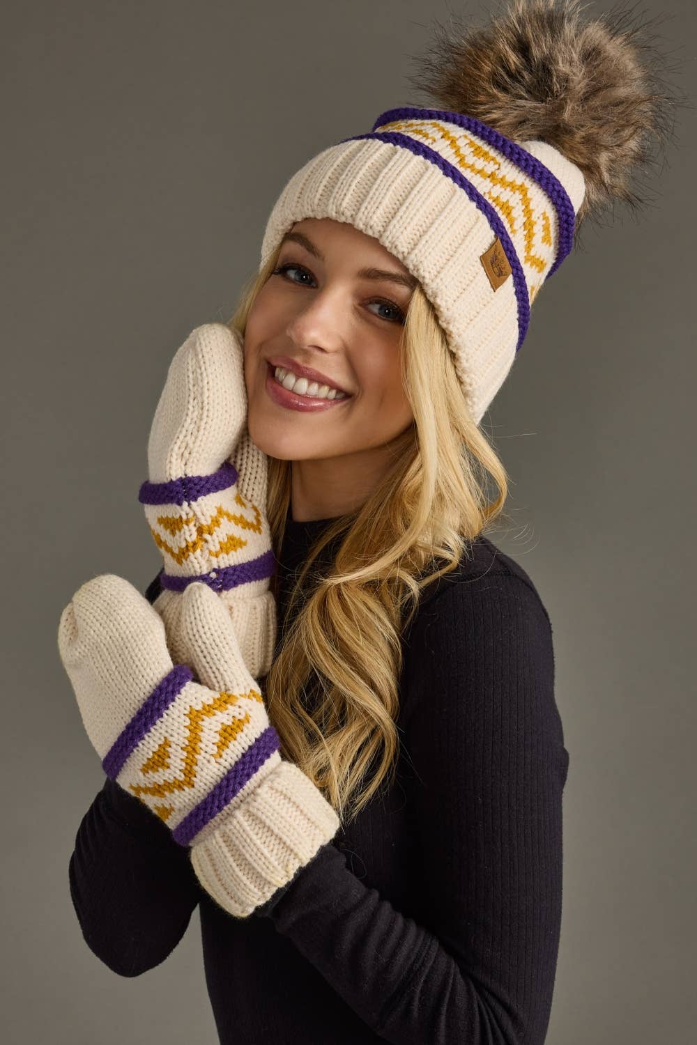 Panache Apparel Co. Beanie Minnesota Purple & Gold Patterned Pom Beanie