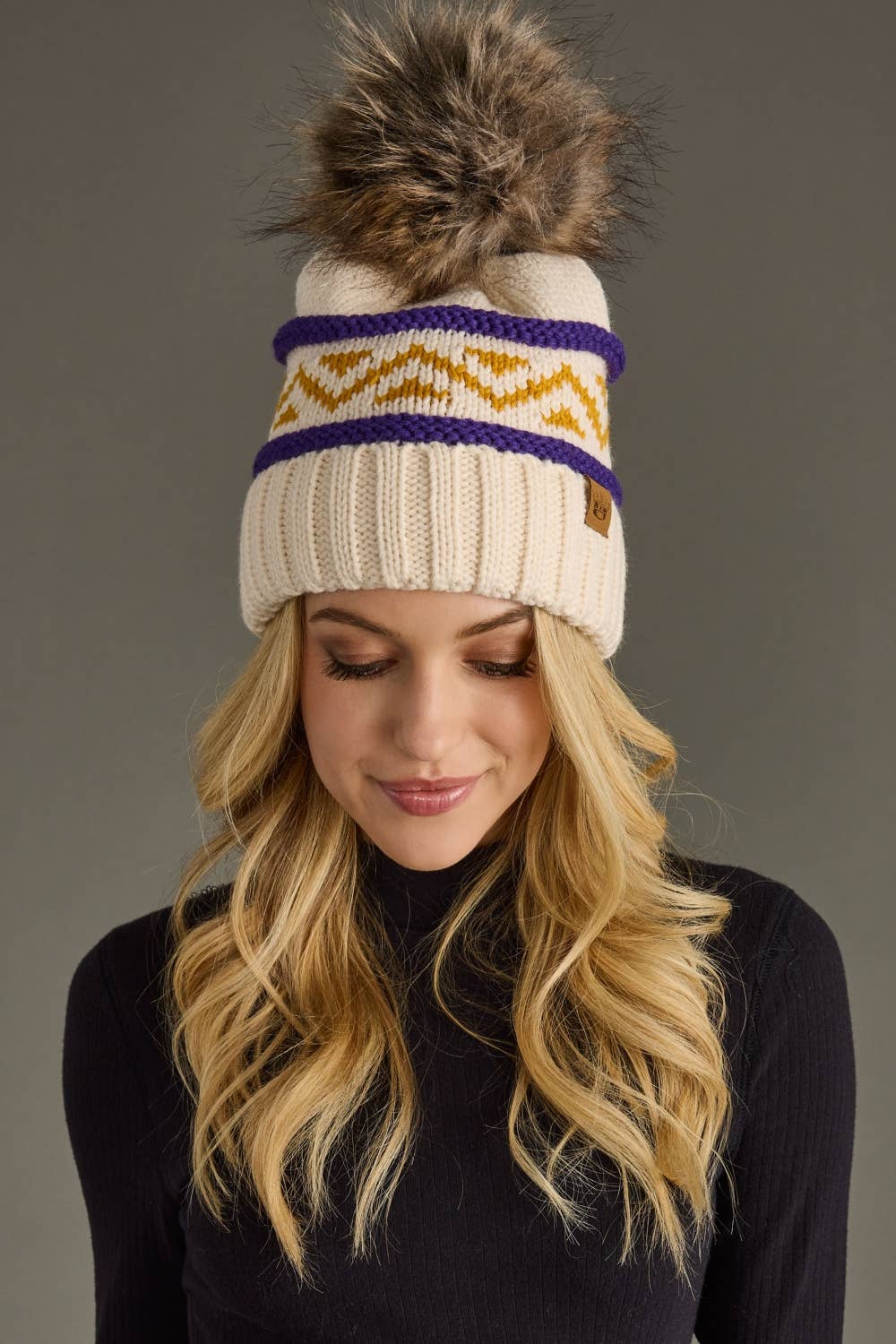 Minnesota Purple & Gold Patterned Pom Beanie