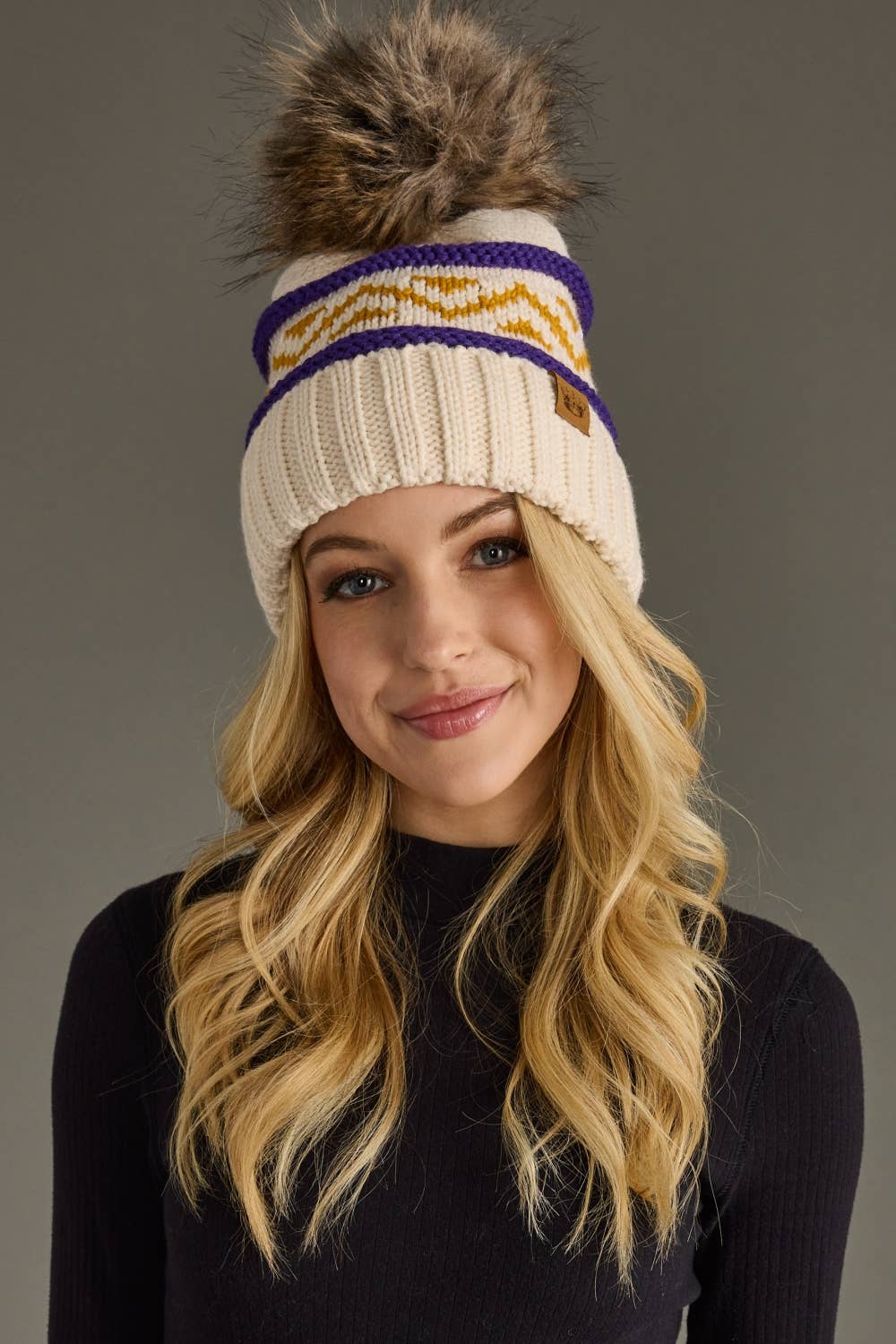 Minnesota Purple & Gold Patterned Pom Beanie
