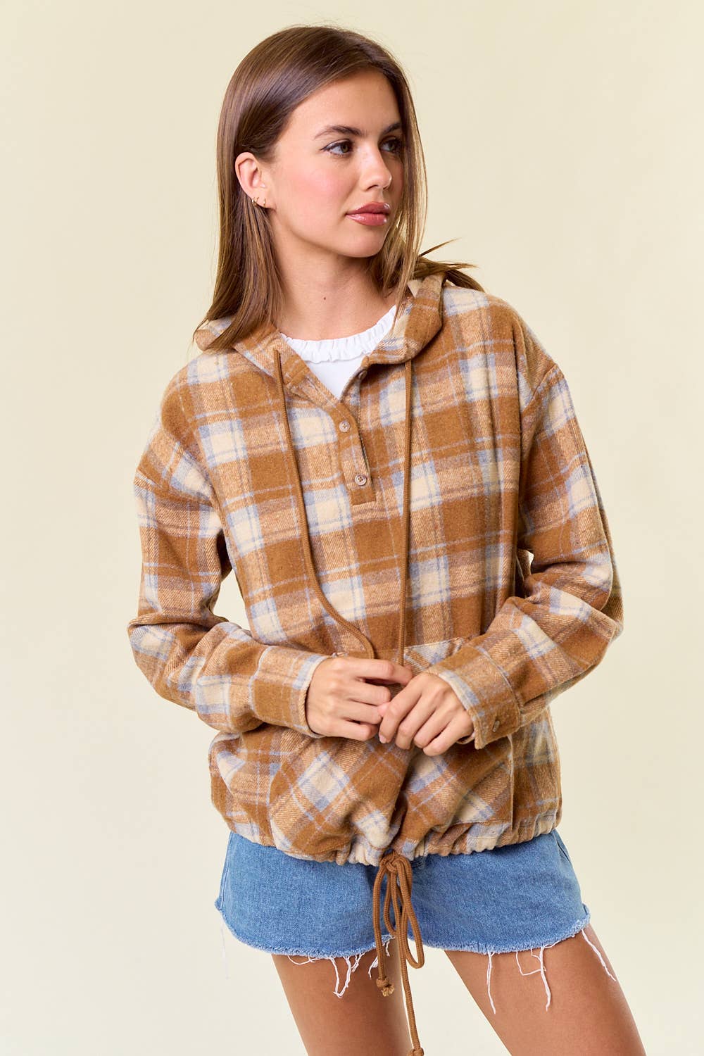 Doe and Rae Hoodie Mocha Flannel Plaid Pullover Hoodie