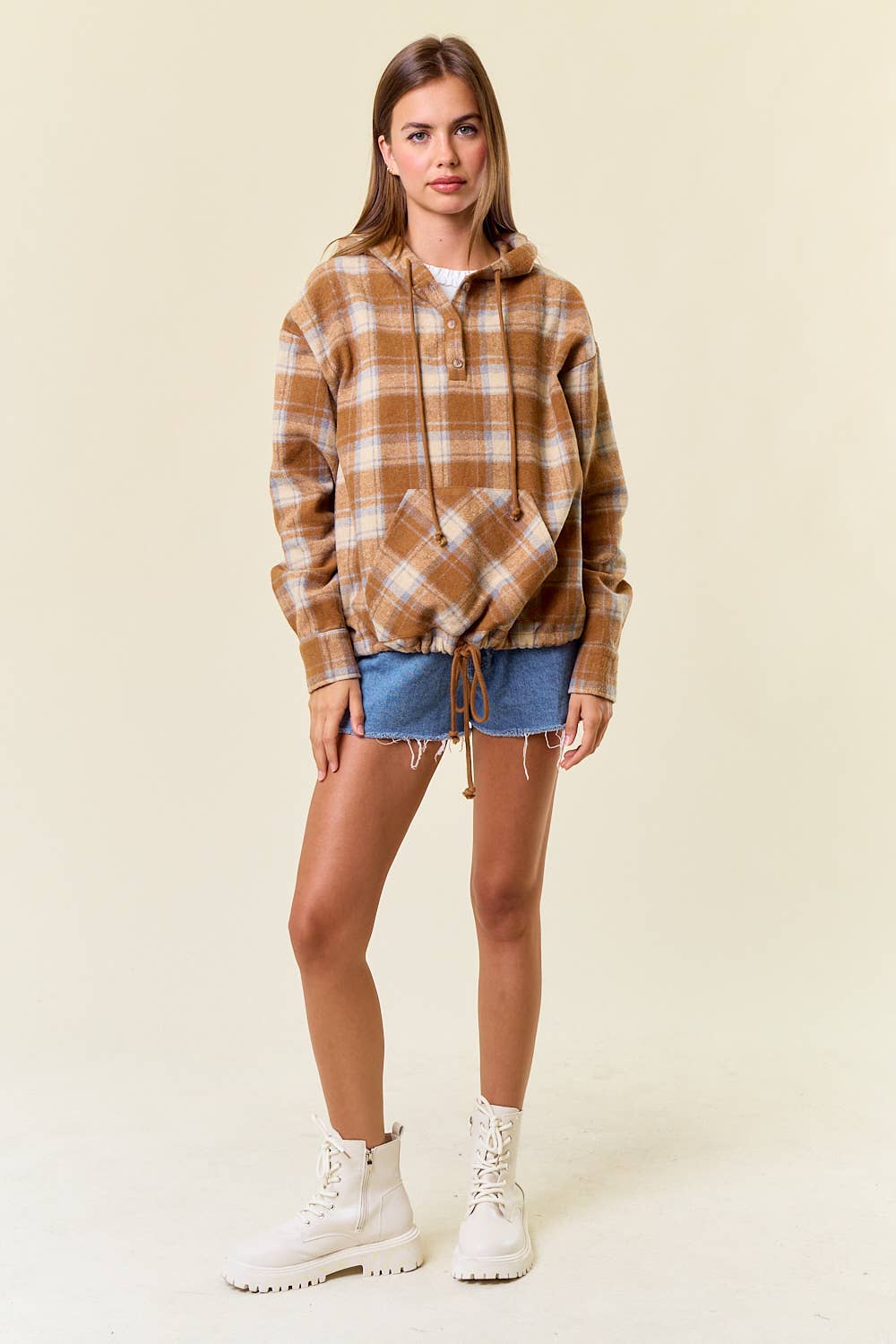 Doe and Rae Hoodie Mocha Flannel Plaid Pullover Hoodie