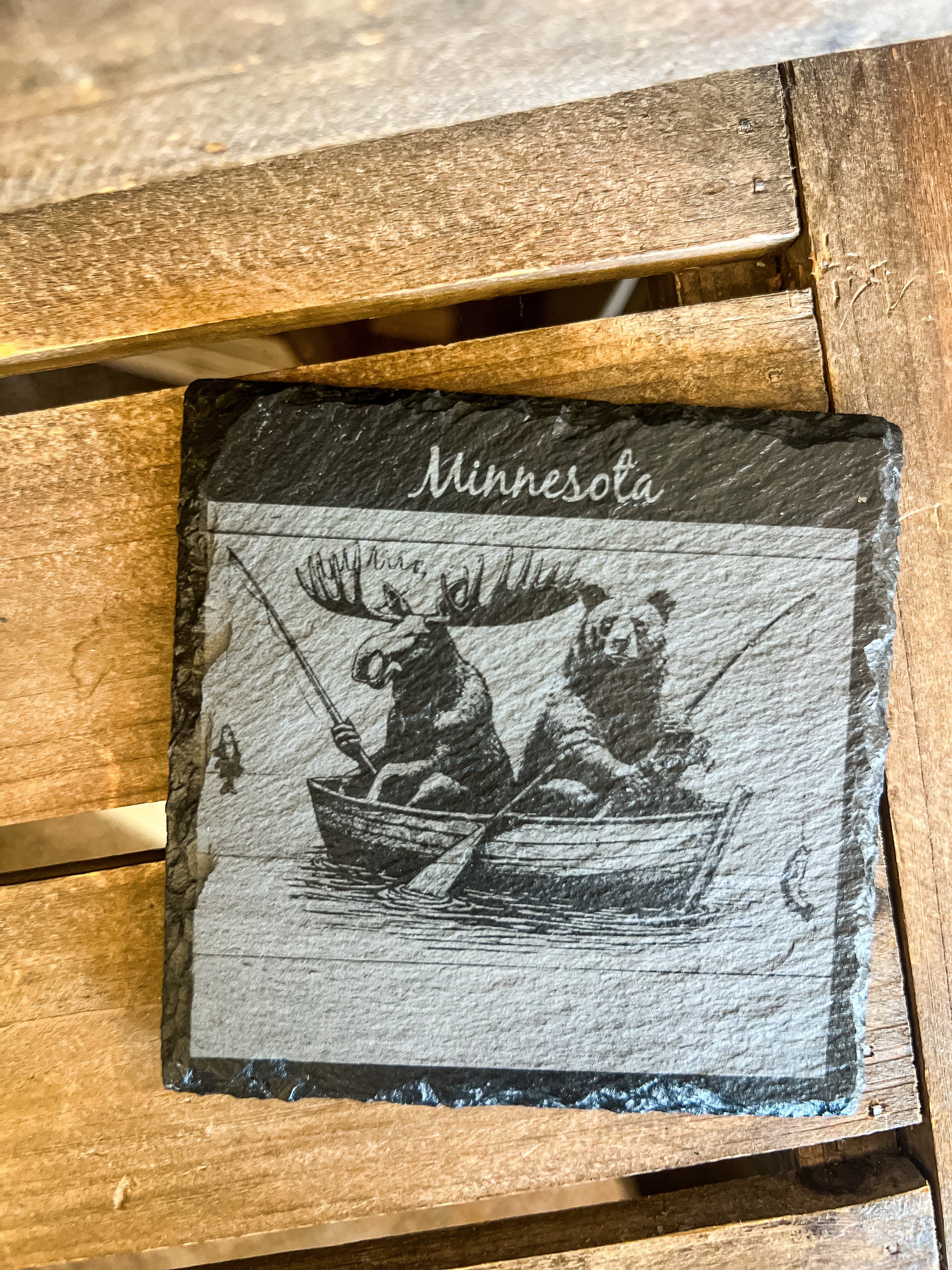 Moose & Bear Fishing Engraved Coaster