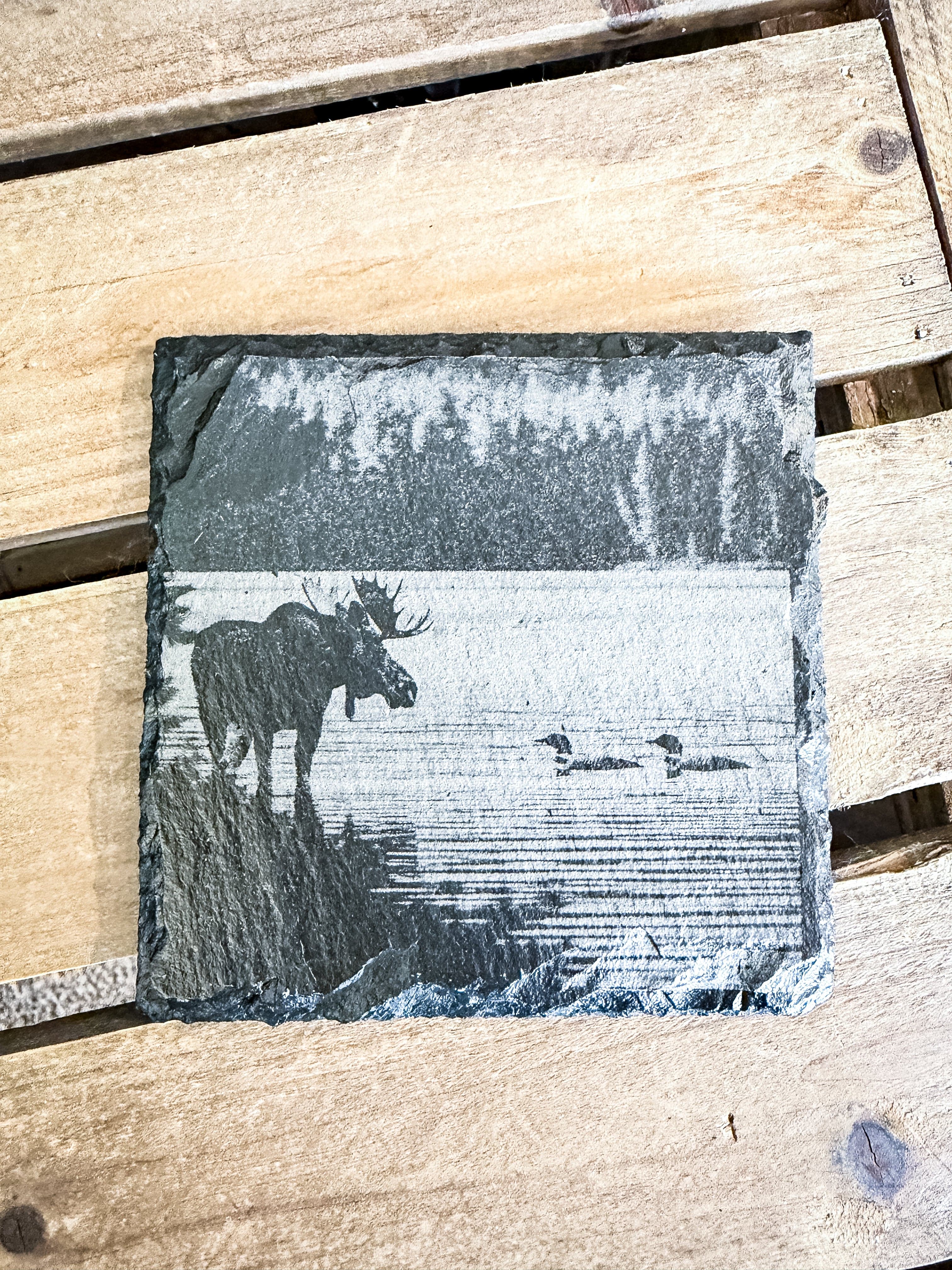 MT #311 (Mitch) Coaster Moose on Lakeshore w/ Loons Engraved Coaster
