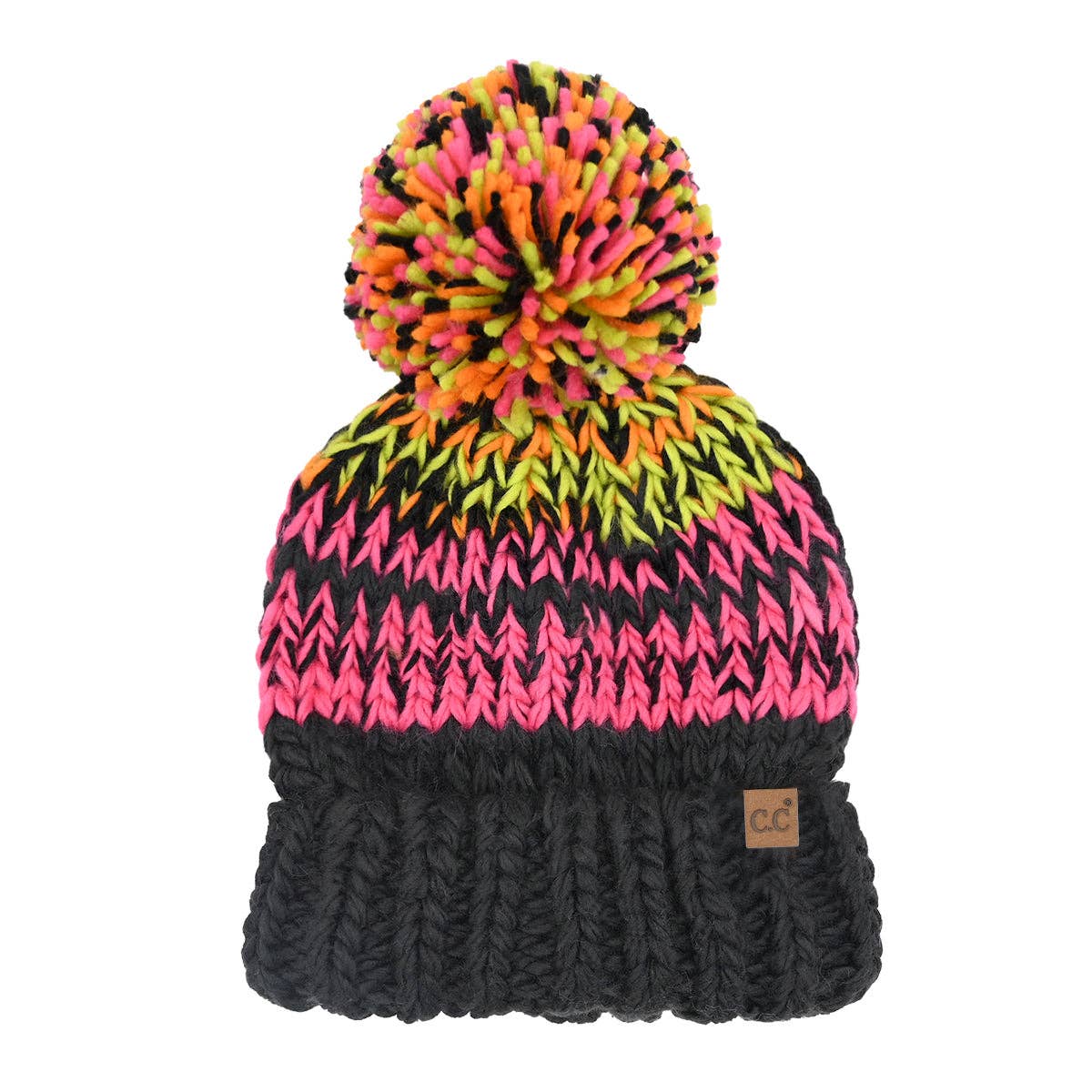 Multi Color Chunky Yarn C.C Pom Beanie