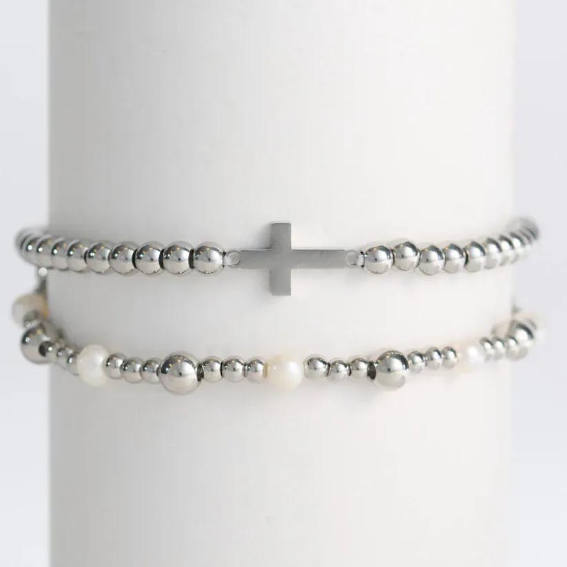 MJJ #8 (Melissa) Bracelet Narelle Waterproof Pearl Station and Cross Stretch Bracelet Set