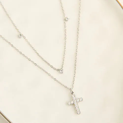 MJJ #8 (Melissa) Necklace Narelle Waterproof Silver Dainty Double Row Cross Charm Necklace