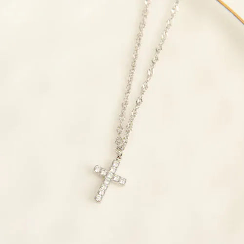 MJJ #8 (Melissa) Necklace Narelle Waterproof Silver Dainty Pave Cross Charm Necklace