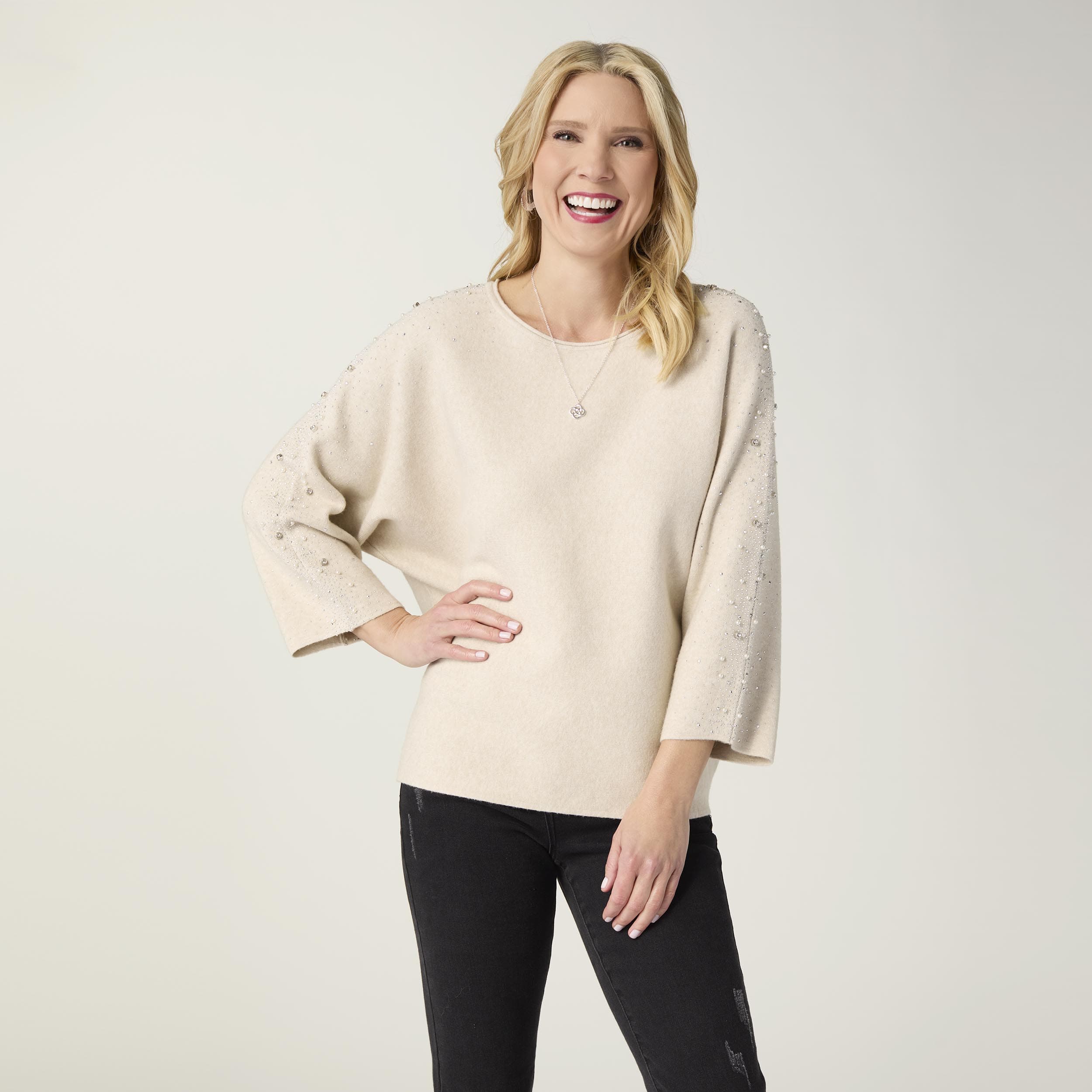 CoCo Carmen Sweater Oatmeal Heavenly-Luxe Dolman Sweater with Rhinestones