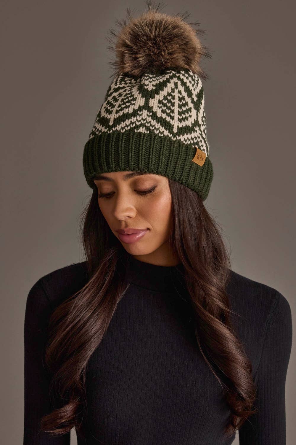 Olive & Beige Patterned Knit Pom Hat