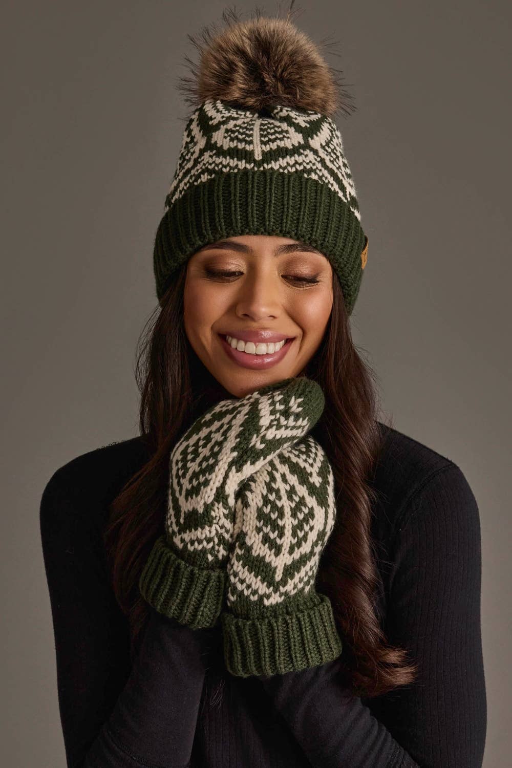 Panache Apparel Co. Beanie Olive & Beige Patterned Knit Pom Hat