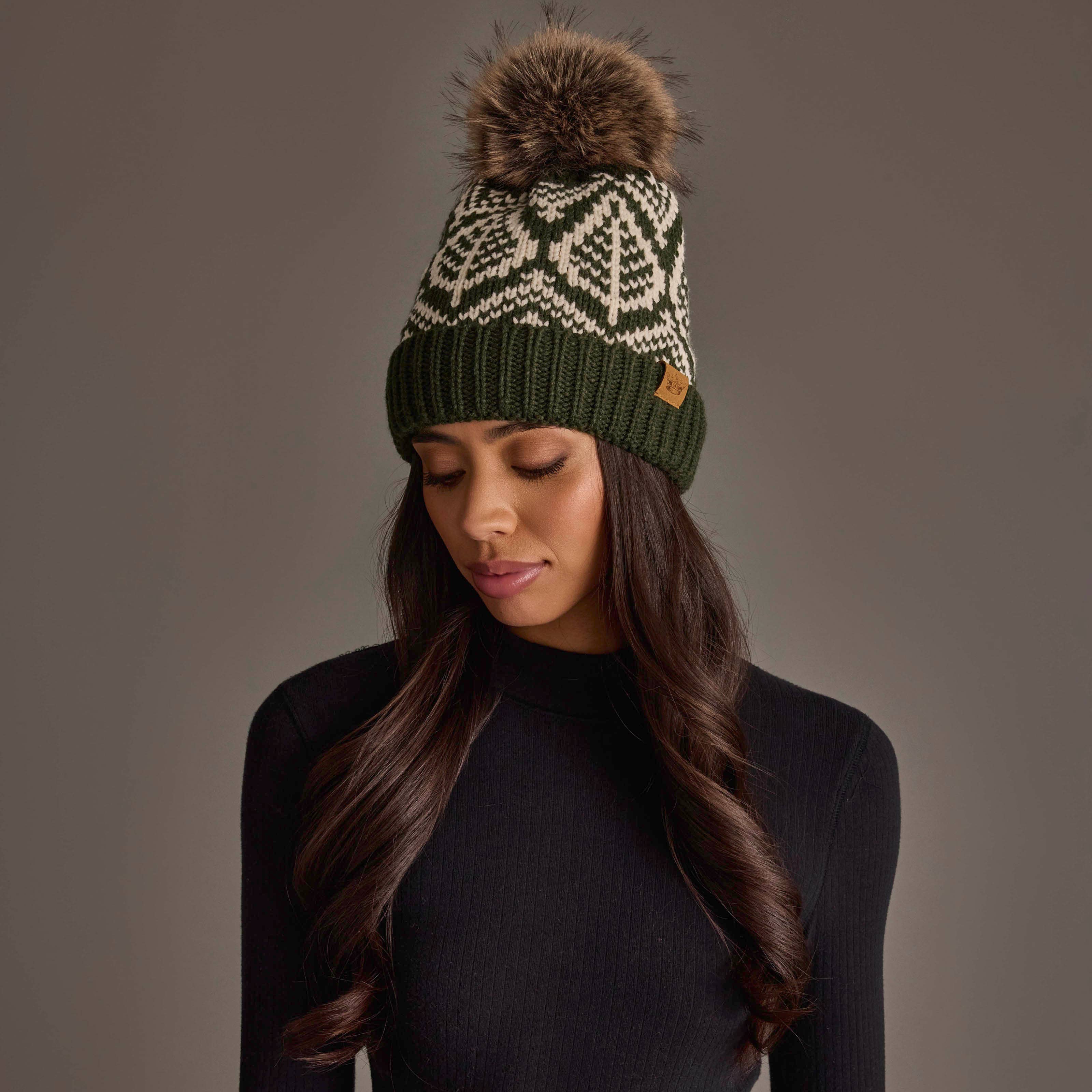 Panache Apparel Co. Beanie Olive & Beige Patterned Knit Pom Hat