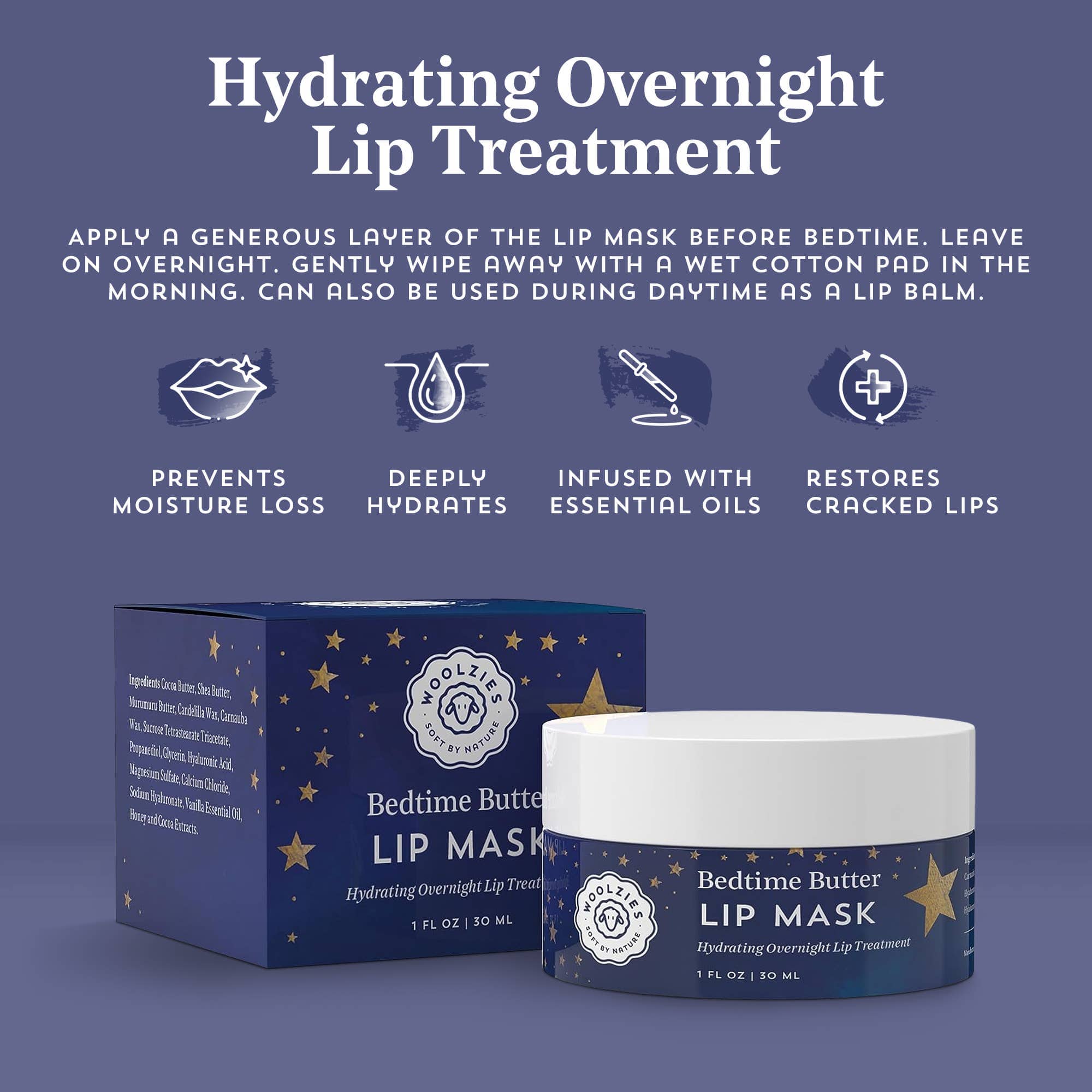 Woolzies Overnight Lip Butter with Hyaluronic Acid - Bedtime Butter