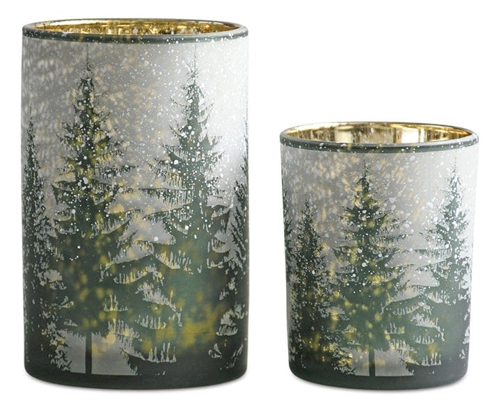 Wills Seasonal Decor Pinetree & Snow Hurricane Candle Holders
