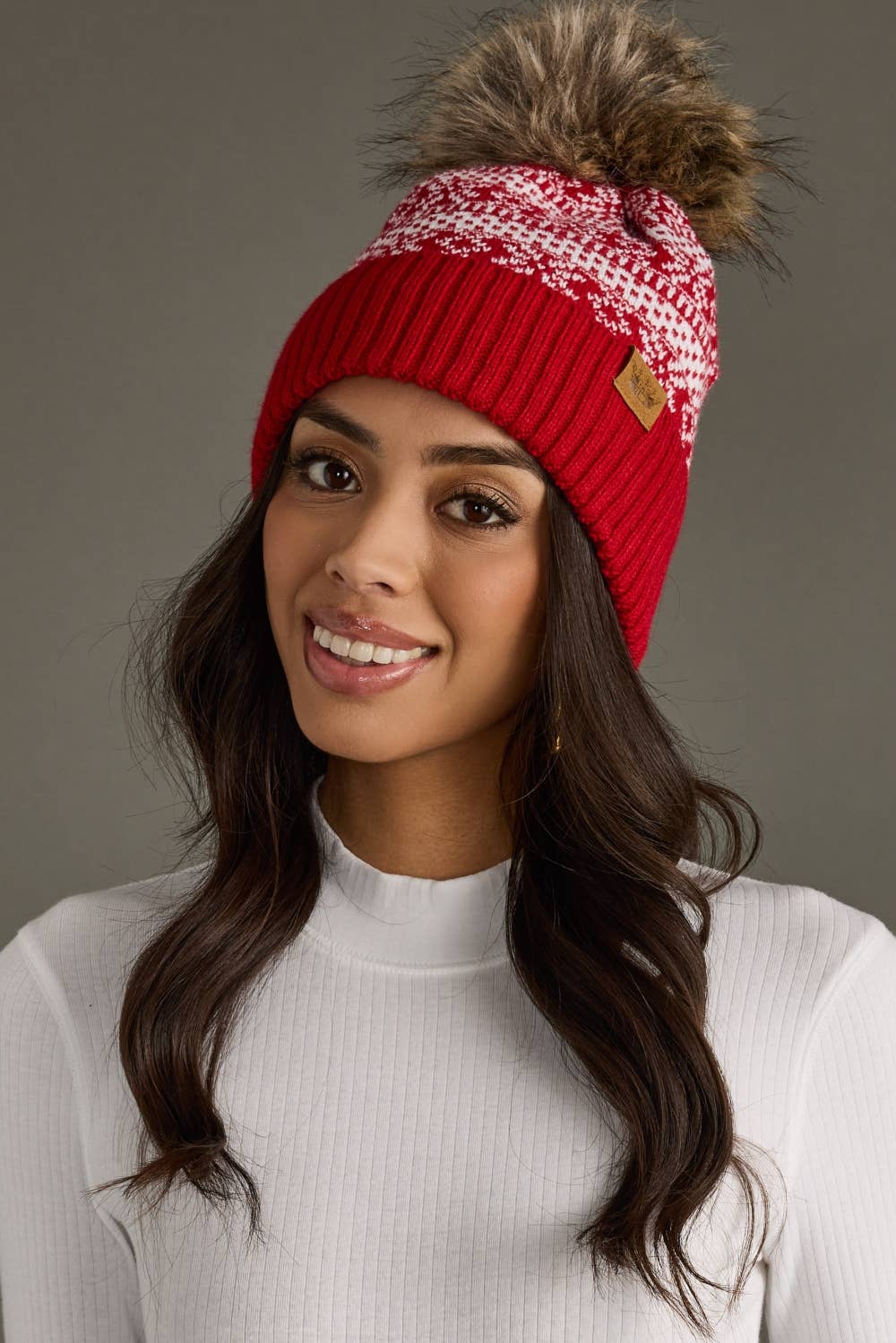 Red & White Winter Pattern Pom Hat