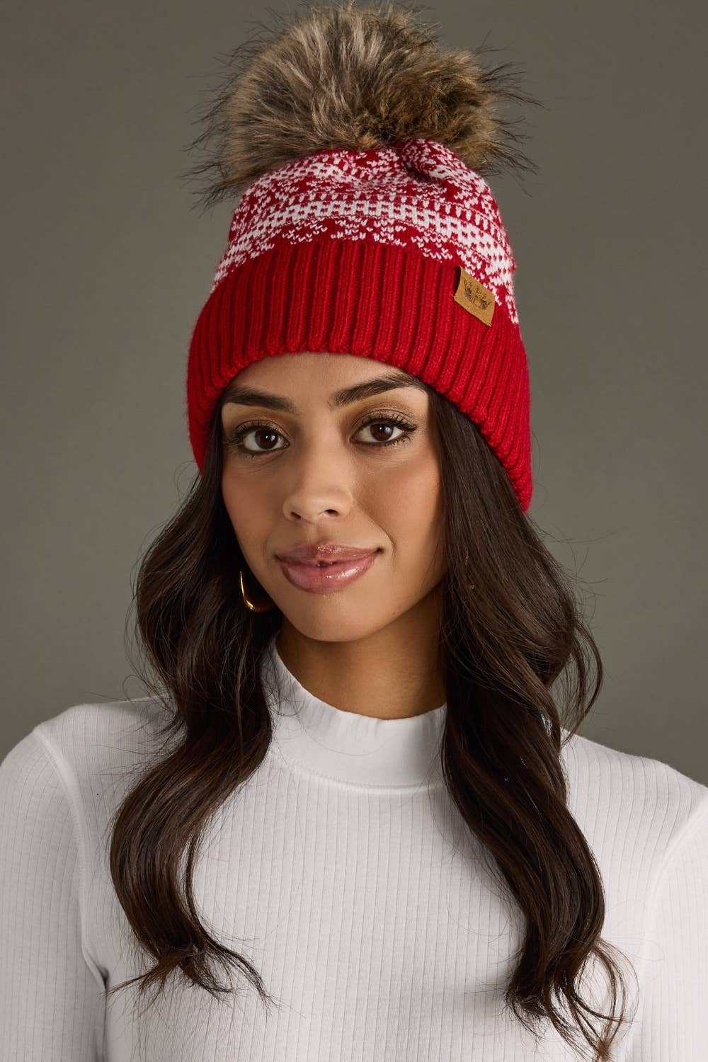 Panache Apparel Co. Red & White Winter Pattern Pom Hat