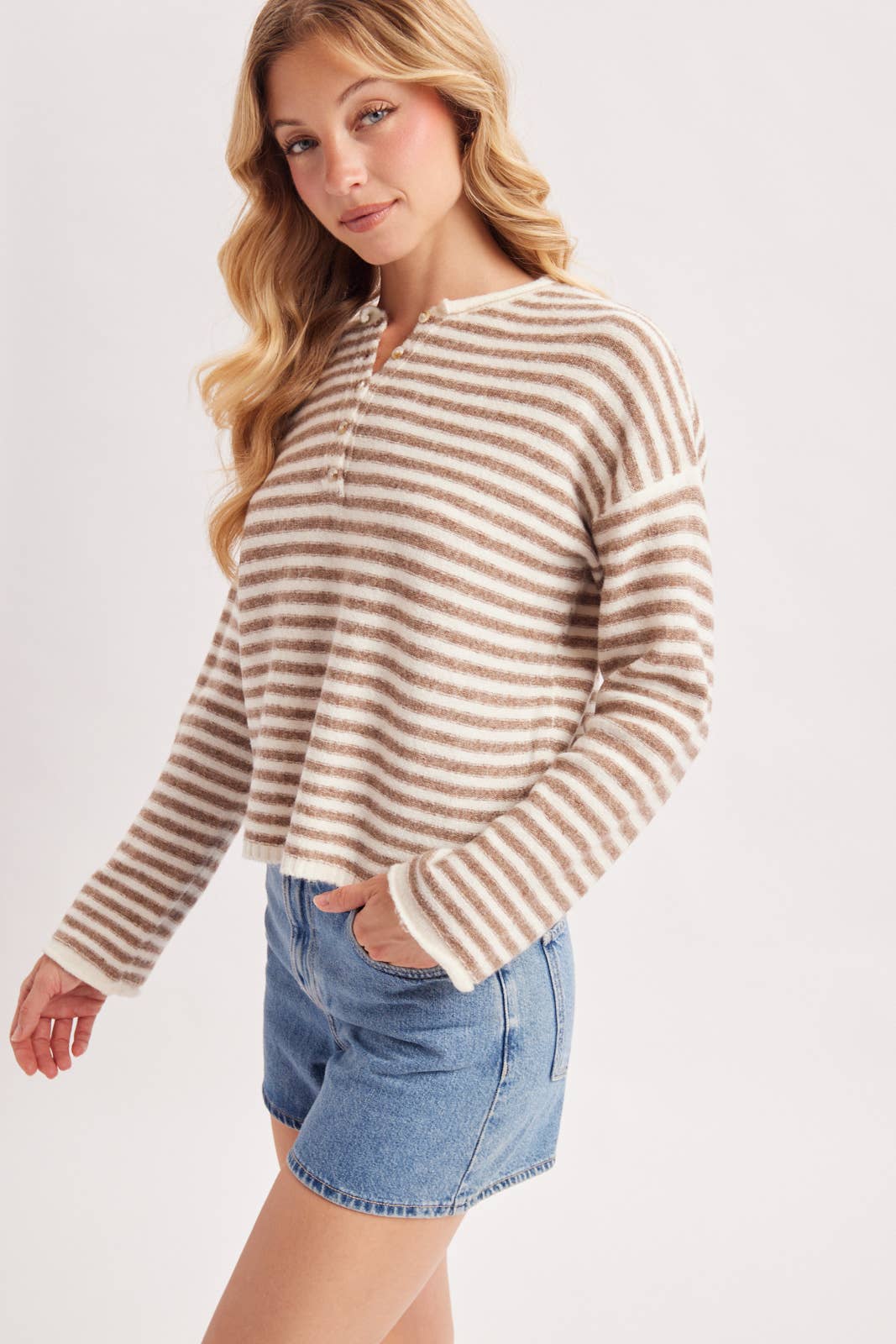 Relaxed Stripe Henley Pullover Sweater