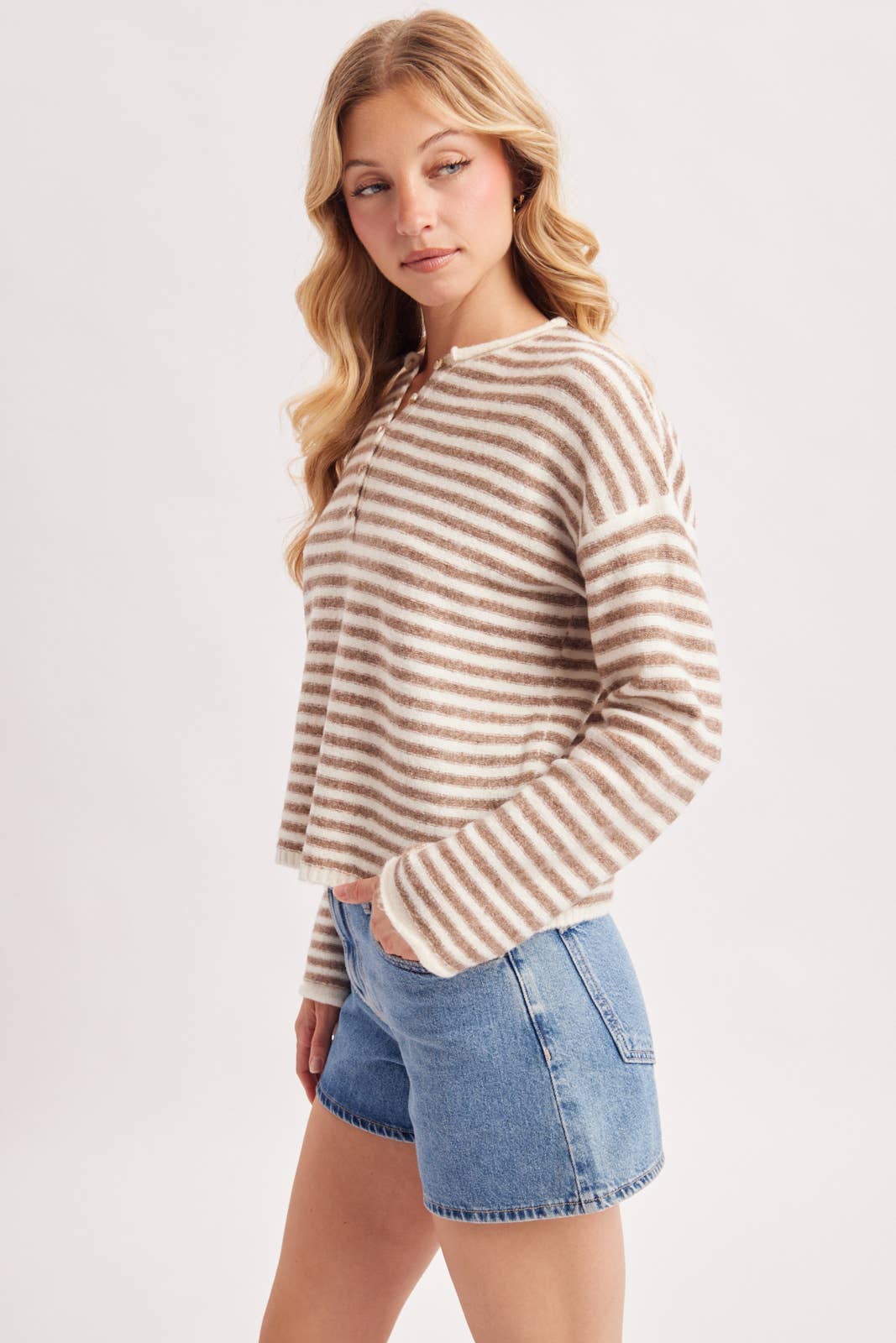 Relaxed Stripe Henley Pullover Sweater
