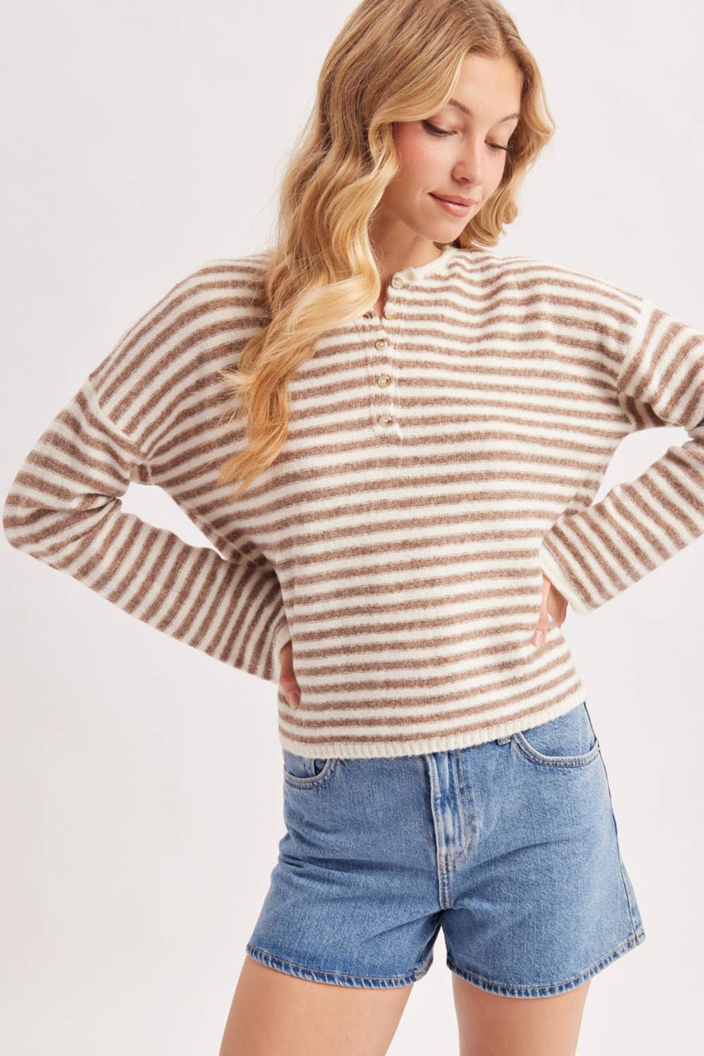 Relaxed Stripe Henley Pullover Sweater