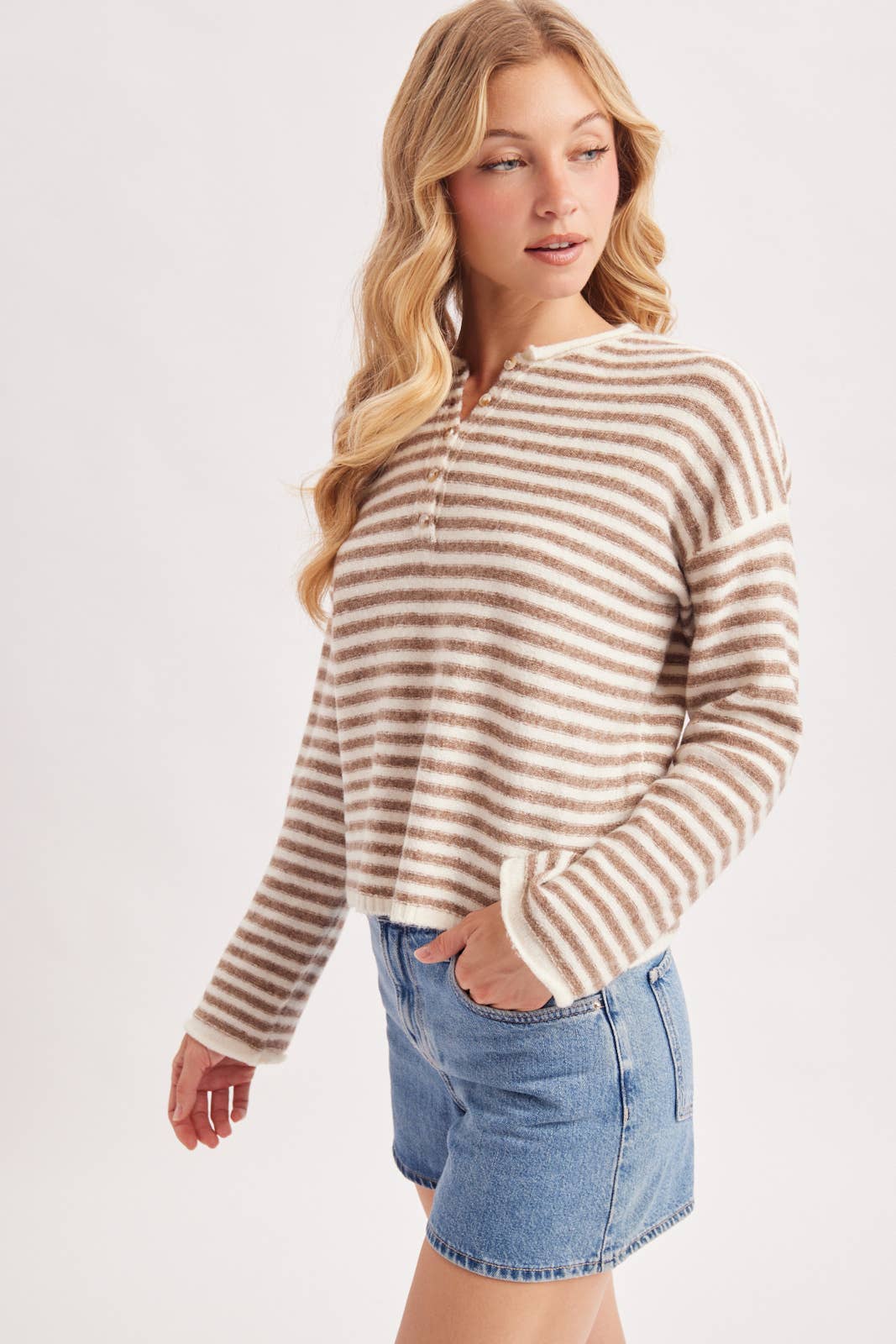 Relaxed Stripe Henley Pullover Sweater