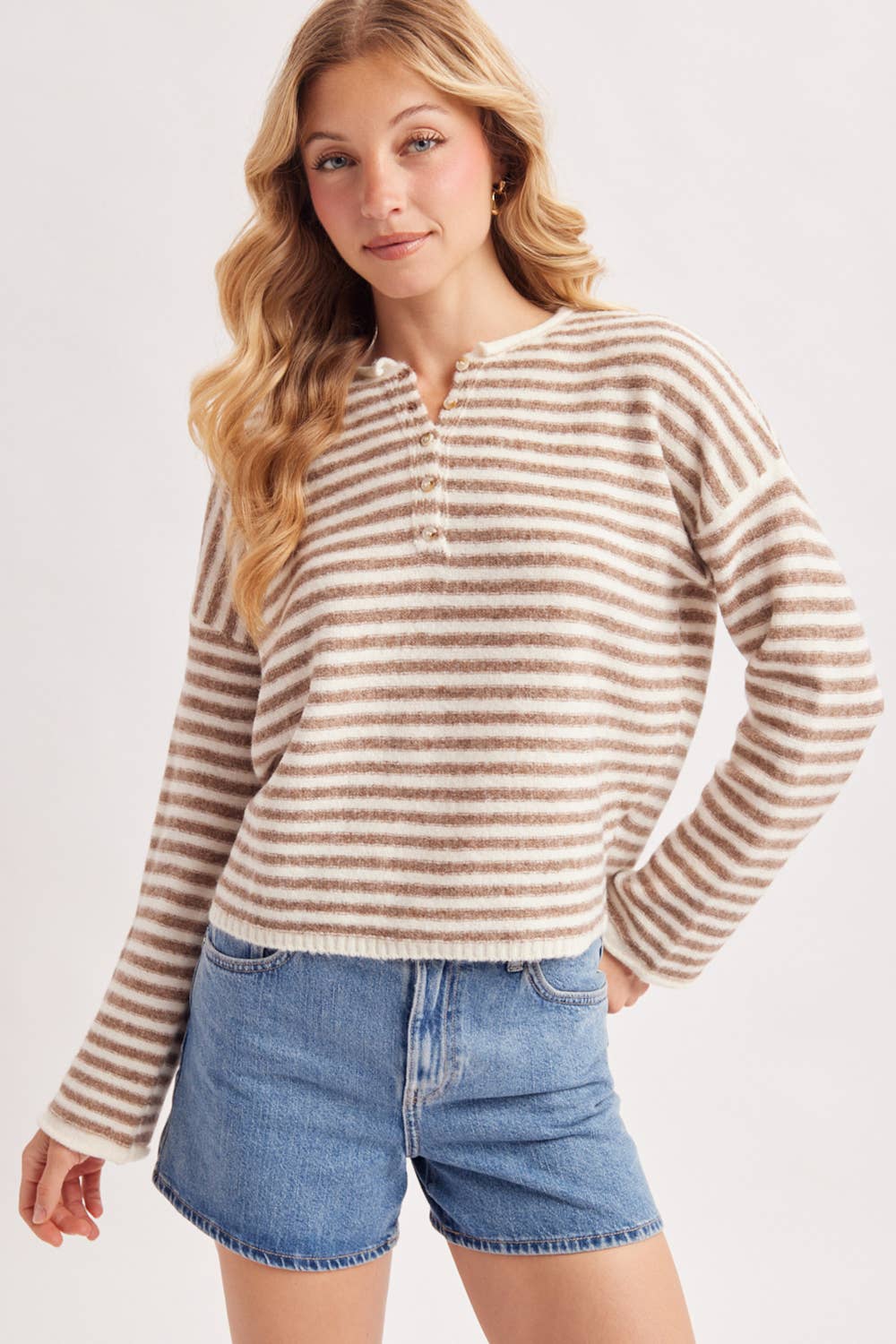 Relaxed Stripe Henley Pullover Sweater