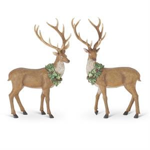 K&K Seasonal Decor Resin Deer w/Gold Gilded Antlers & Holly