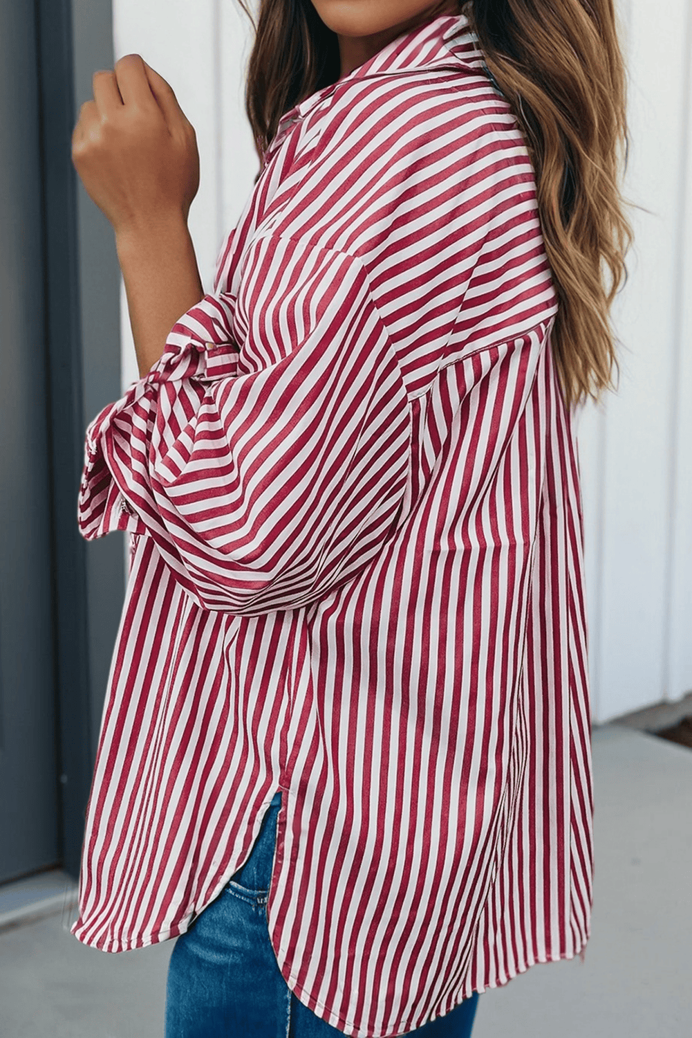 Ruby Striped Patched Side Slit Loose Shirt